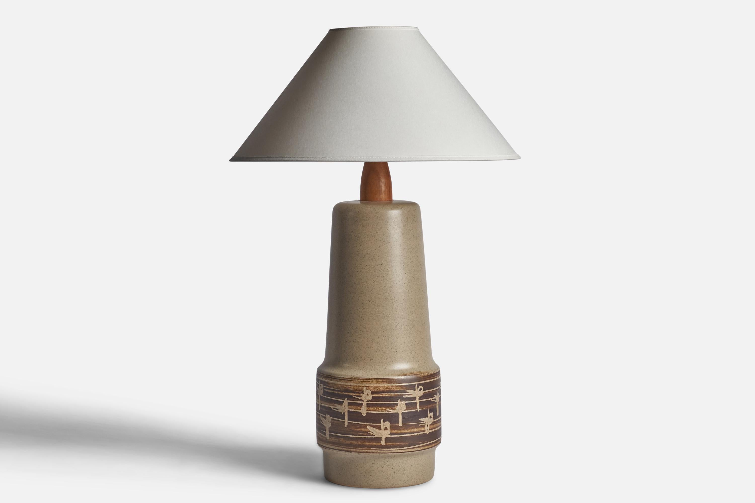 A grey and brown-glazed ceramic and walnut table lamp designed by Jane & Gordon Martz and produced by Marshall Studios, USA, 1960s.

Dimensions of Lamp (inches): 20.75” H x 6.85” Diameter
Dimensions of Shade (inches): 4.5” Top Diameter x 16” Bottom