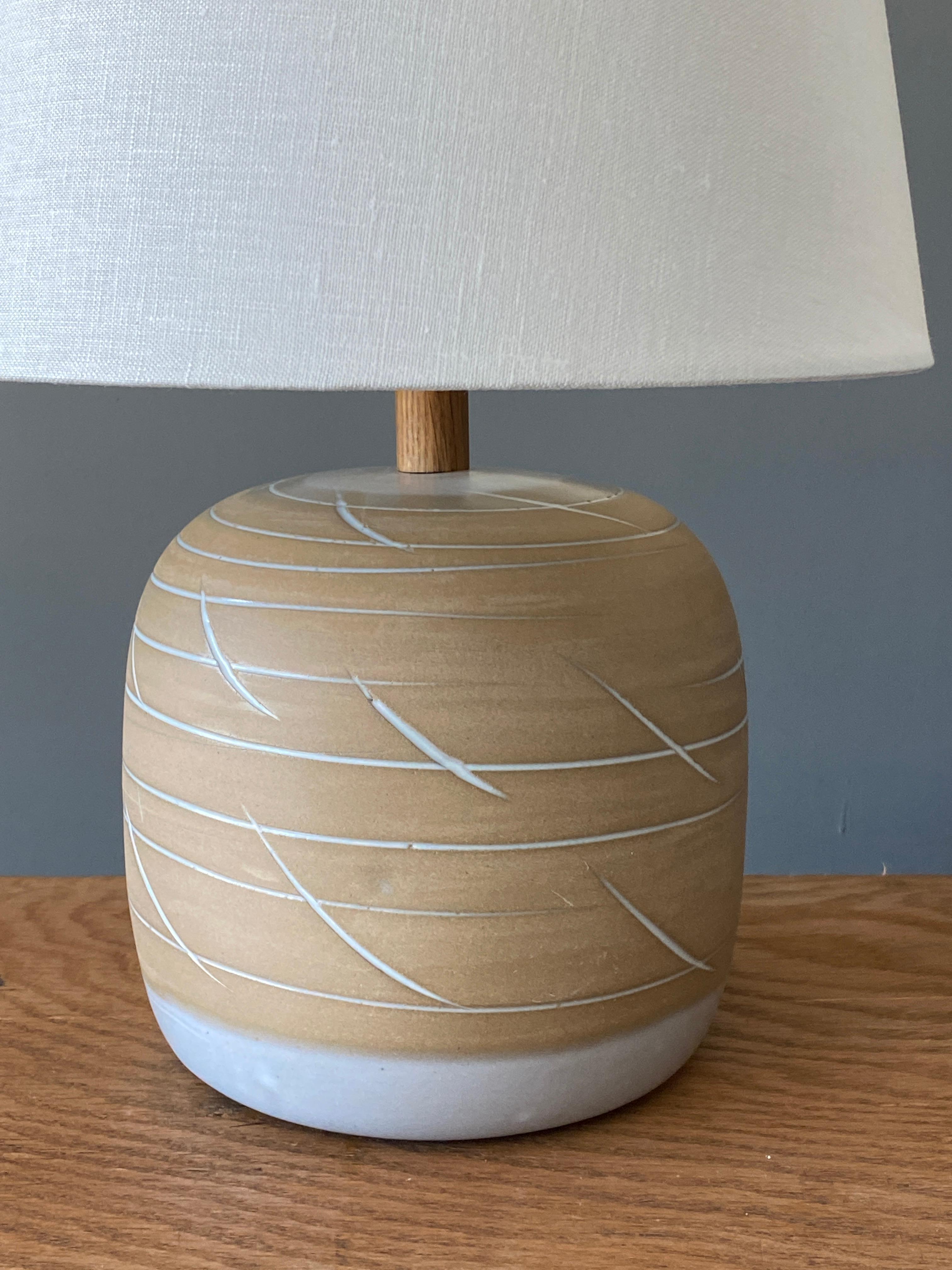 Mid-Century Modern Jane & Gordon Martz, Table Lamps, Ceramic, Walnut, Linen Marshal Studios, 1950s