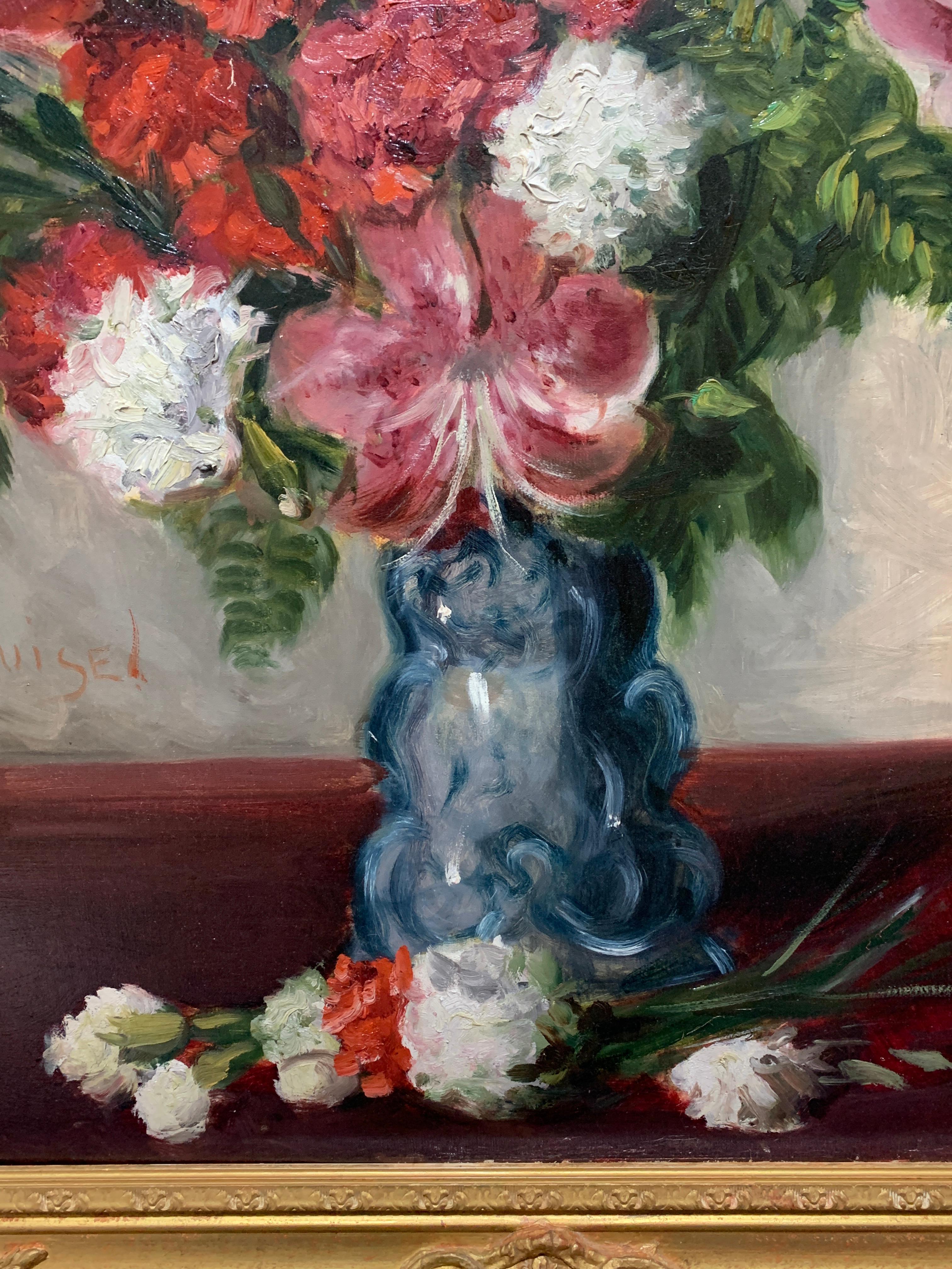 Impressionistisches Stillleben mit rosa, roten und weißen Blumen in einer Inneneinrichtung. (Braun), Still-Life Painting, von Jane Herbo