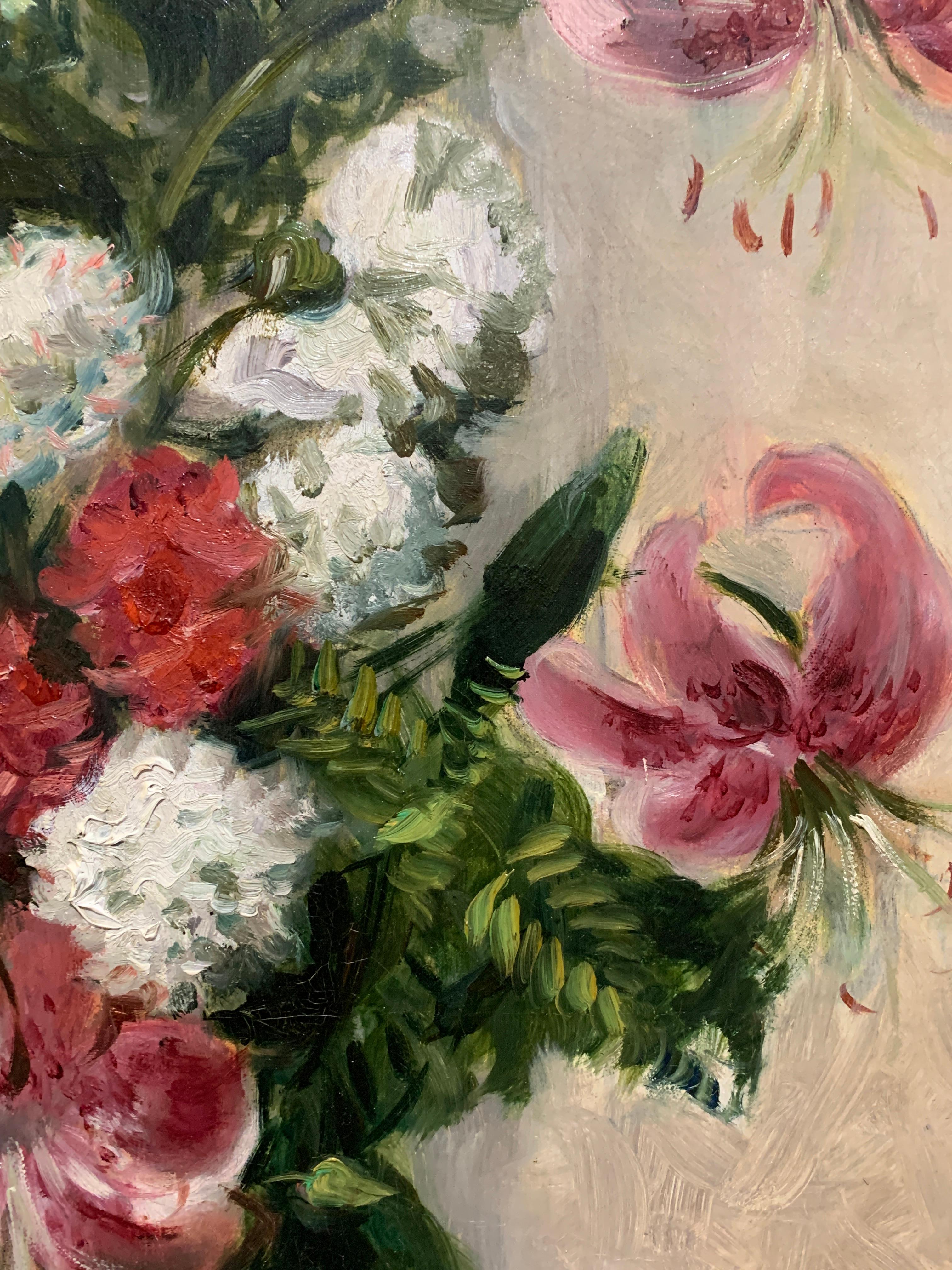 Impressionist still life of Pink, Red and White flowers in an interior. - Brown Still-Life Painting by Jane Herbo