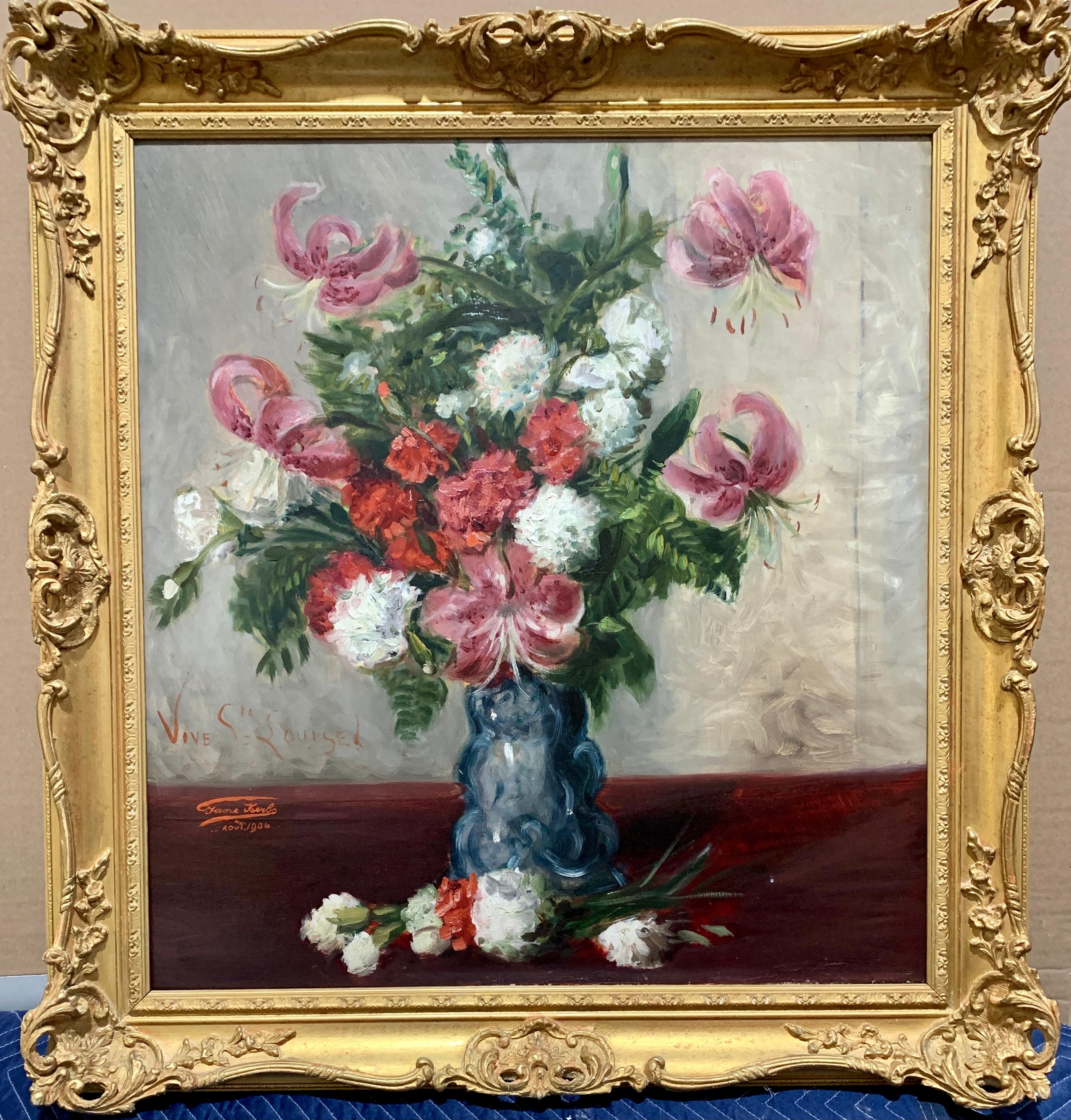 Jane Herbo Still-Life Painting – Impressionistisches Stillleben mit rosa, roten und weißen Blumen in einer Inneneinrichtung.