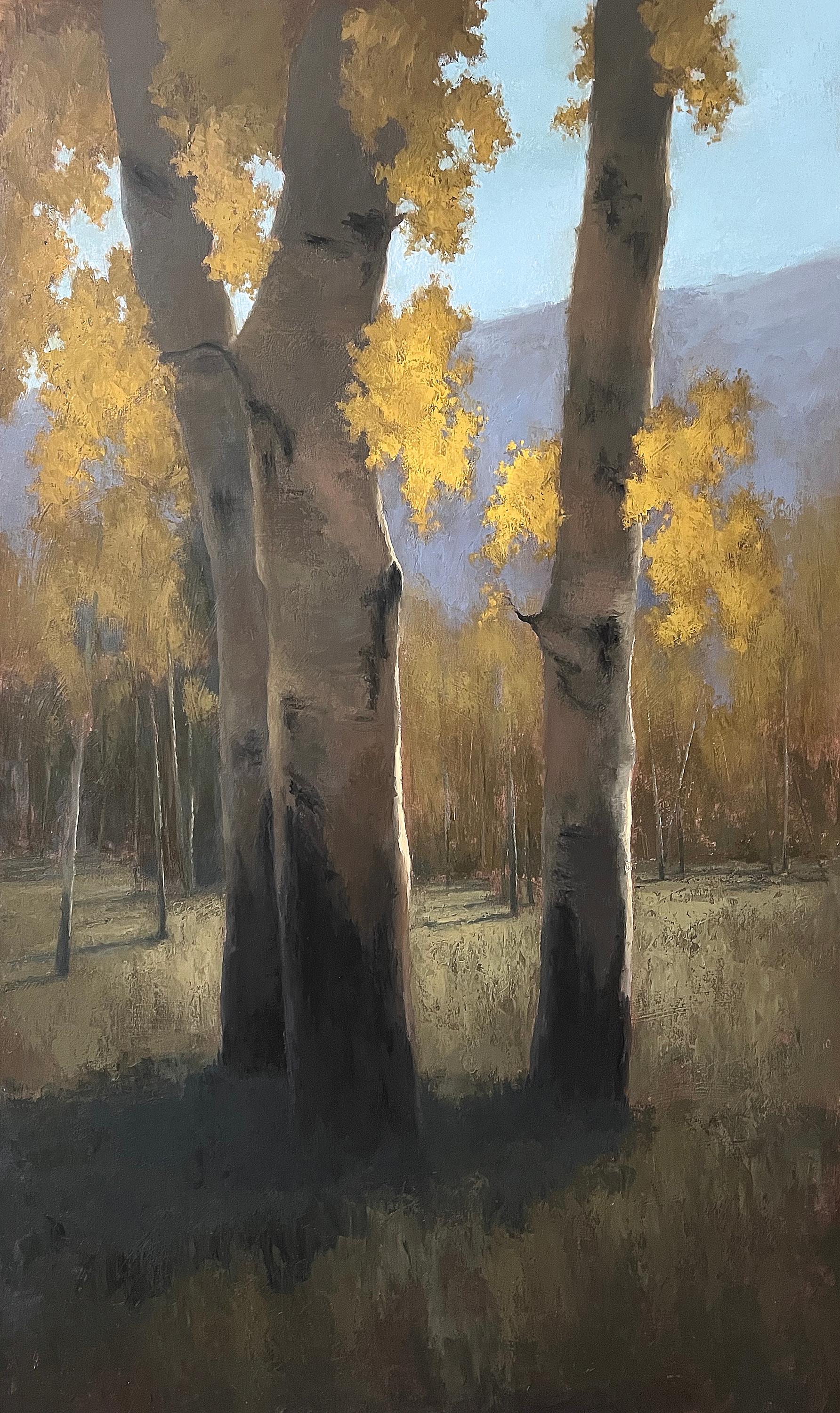 Figurative Painting di Jane Hunt - Aspens d'oro, Pittura a olio originale