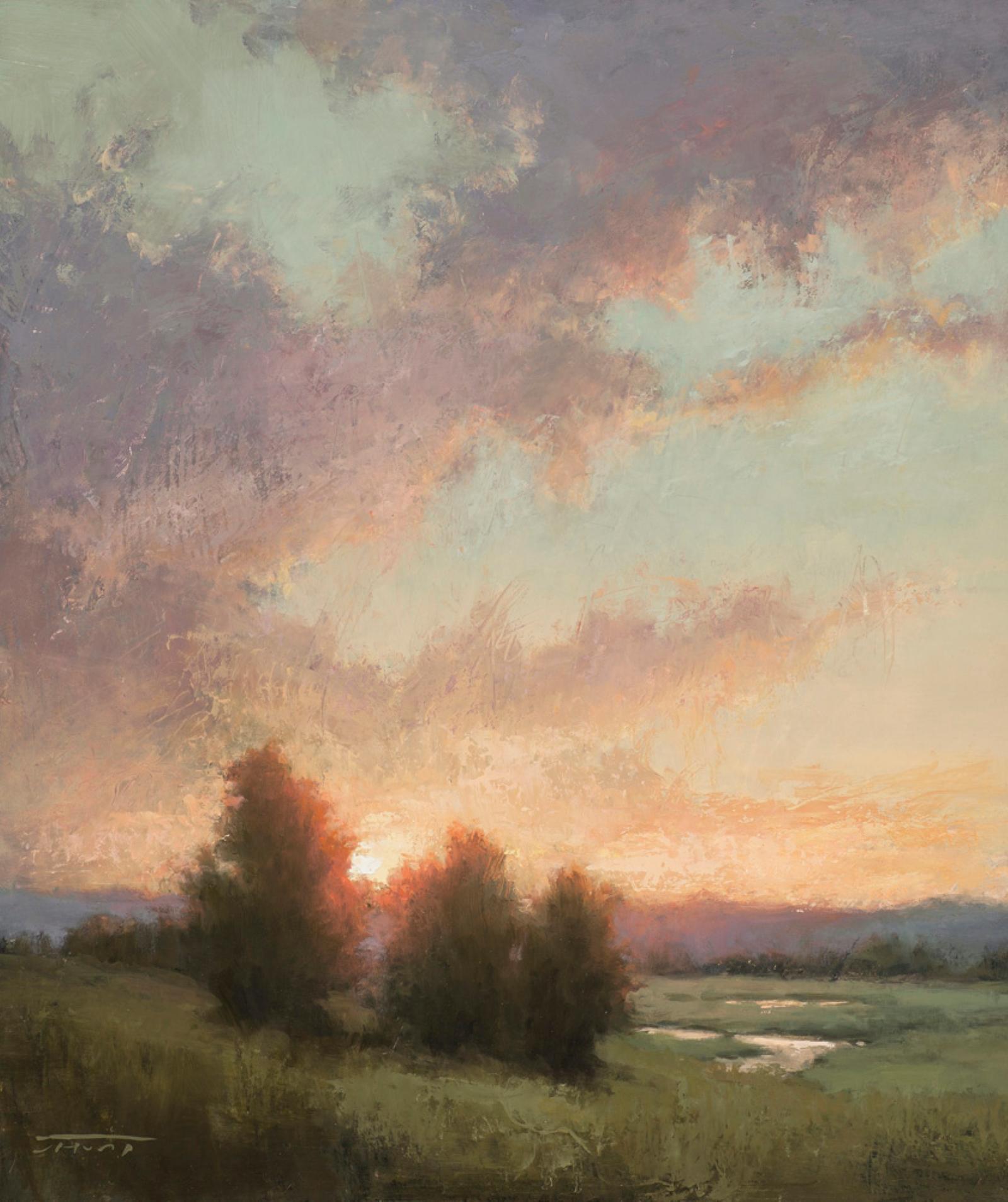 "A través de los árboles" (2017) de Jane Hunt Pintura al óleo original, Puesta de sol