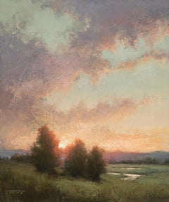 "A través de los árboles" (2017) de Jane Hunt Pintura al óleo original, Puesta de sol