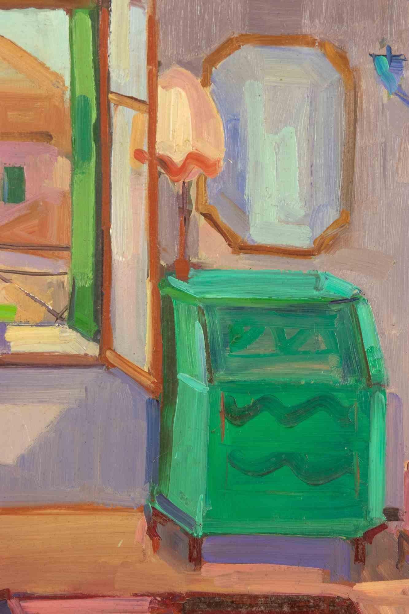 Bedroom - Oil Paint by Jane Levy - mid-20th Century For Sale 2