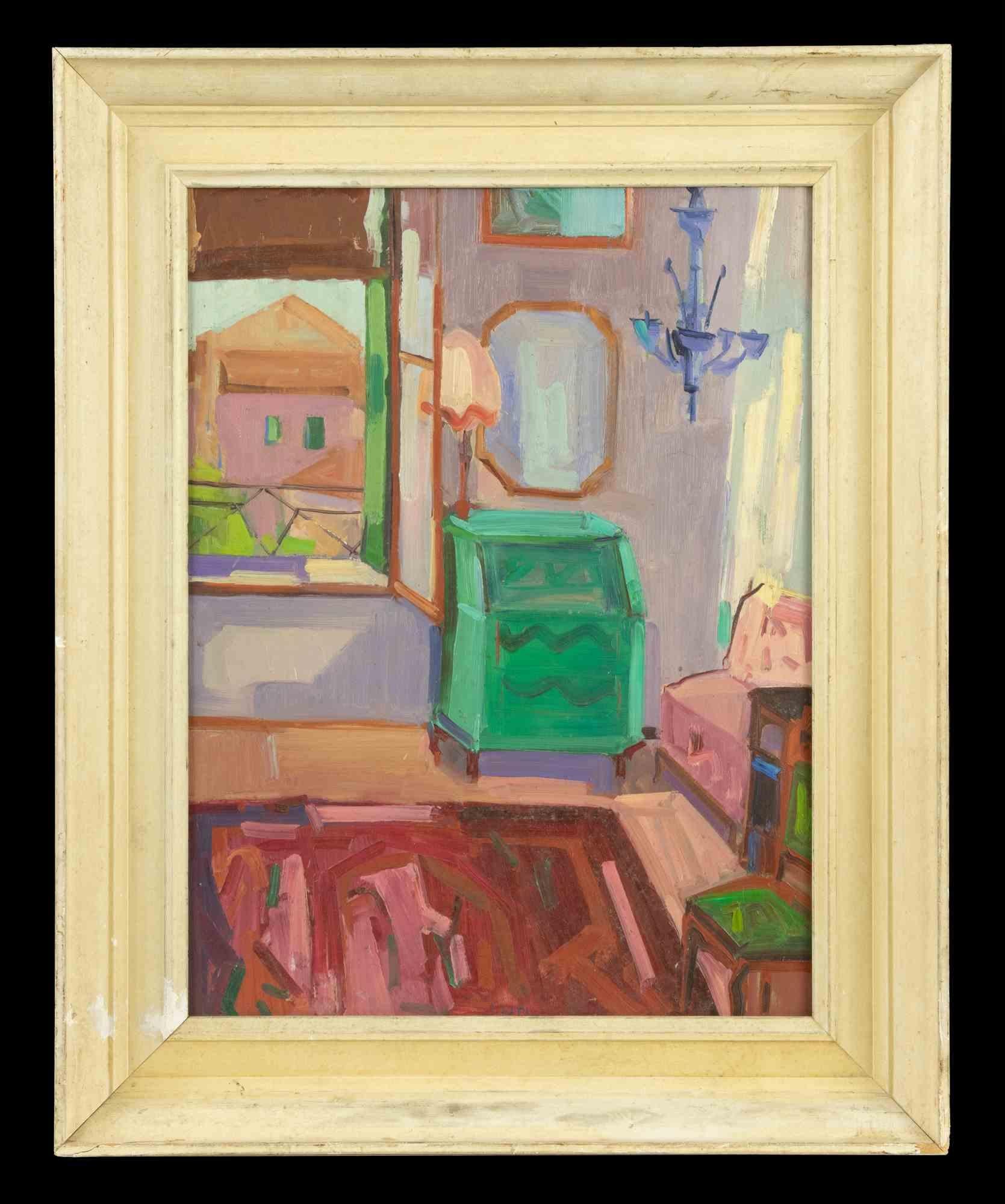 Das Schlafzimmer ist ein originelles modernes Kunstwerk, das von einem Künstler aus der Mitte des 20. Jahrhunderts geschaffen wurde und Jane Levy zugeschrieben wird.

Gemischtes farbiges Öl auf Karton.

Inklusive Rahmen: 53,5 x 44 cm
