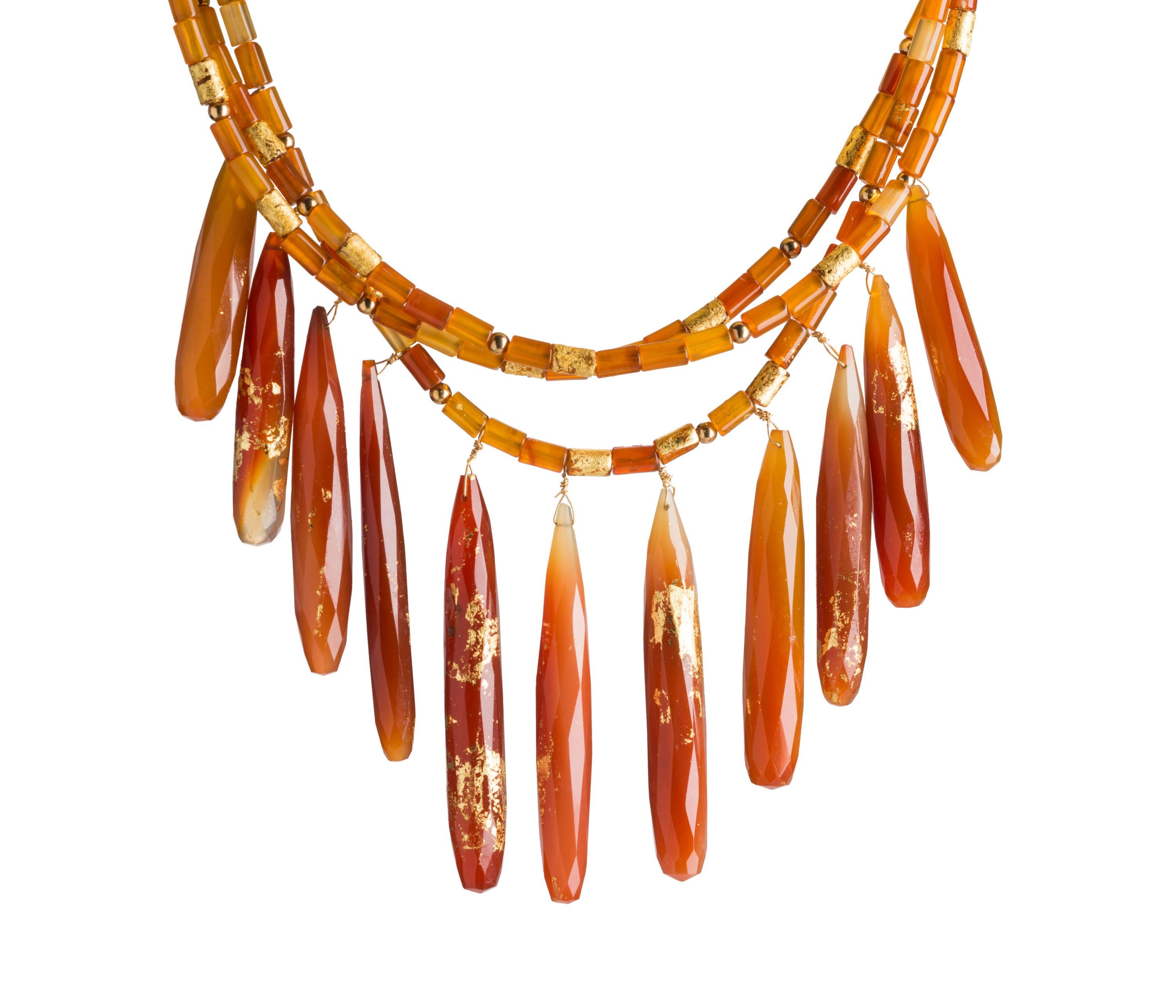 Artisan Jane Magon Collections Carnelian and 22 Karat Gold Leaf Drop Statement Necklace For Sale