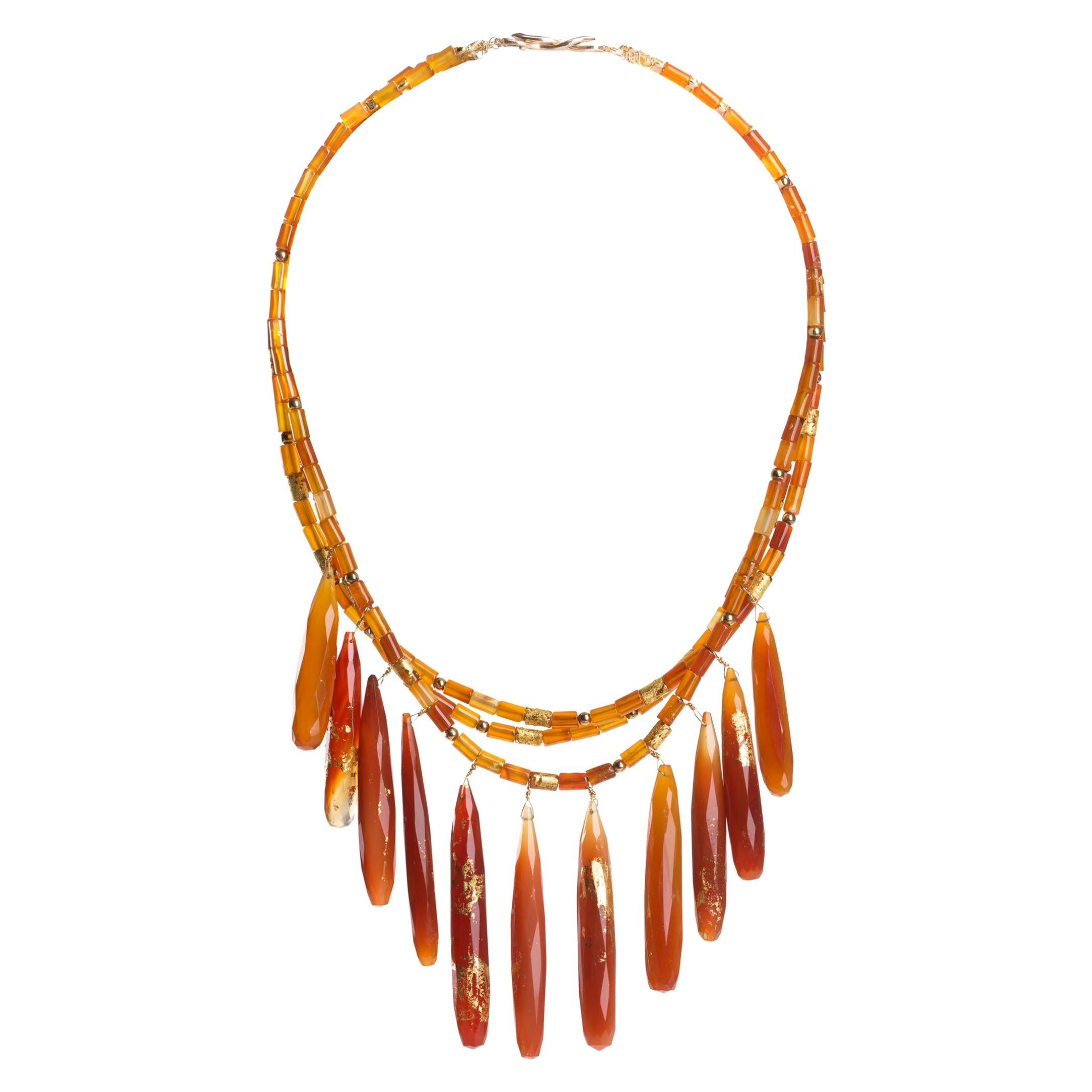 Jane Magon Collections Carnelian and 22 Karat Gold Leaf Drop Statement Necklace For Sale