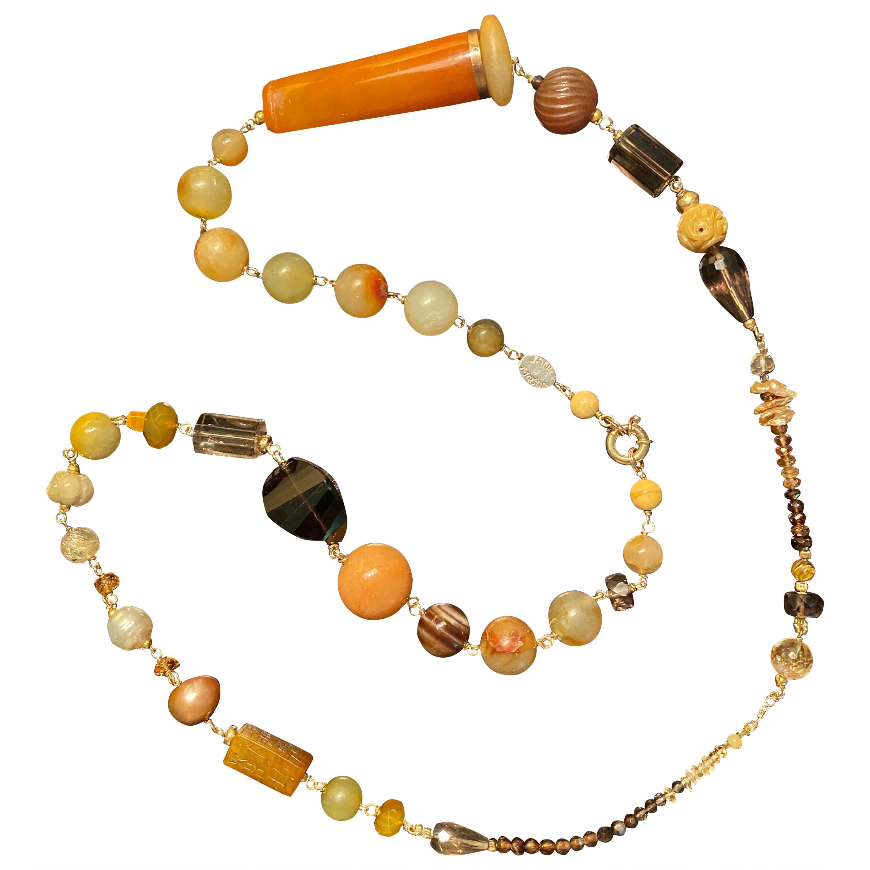 Jade Long Gemstone Statement Necklace in 18 Karat Gold For Sale