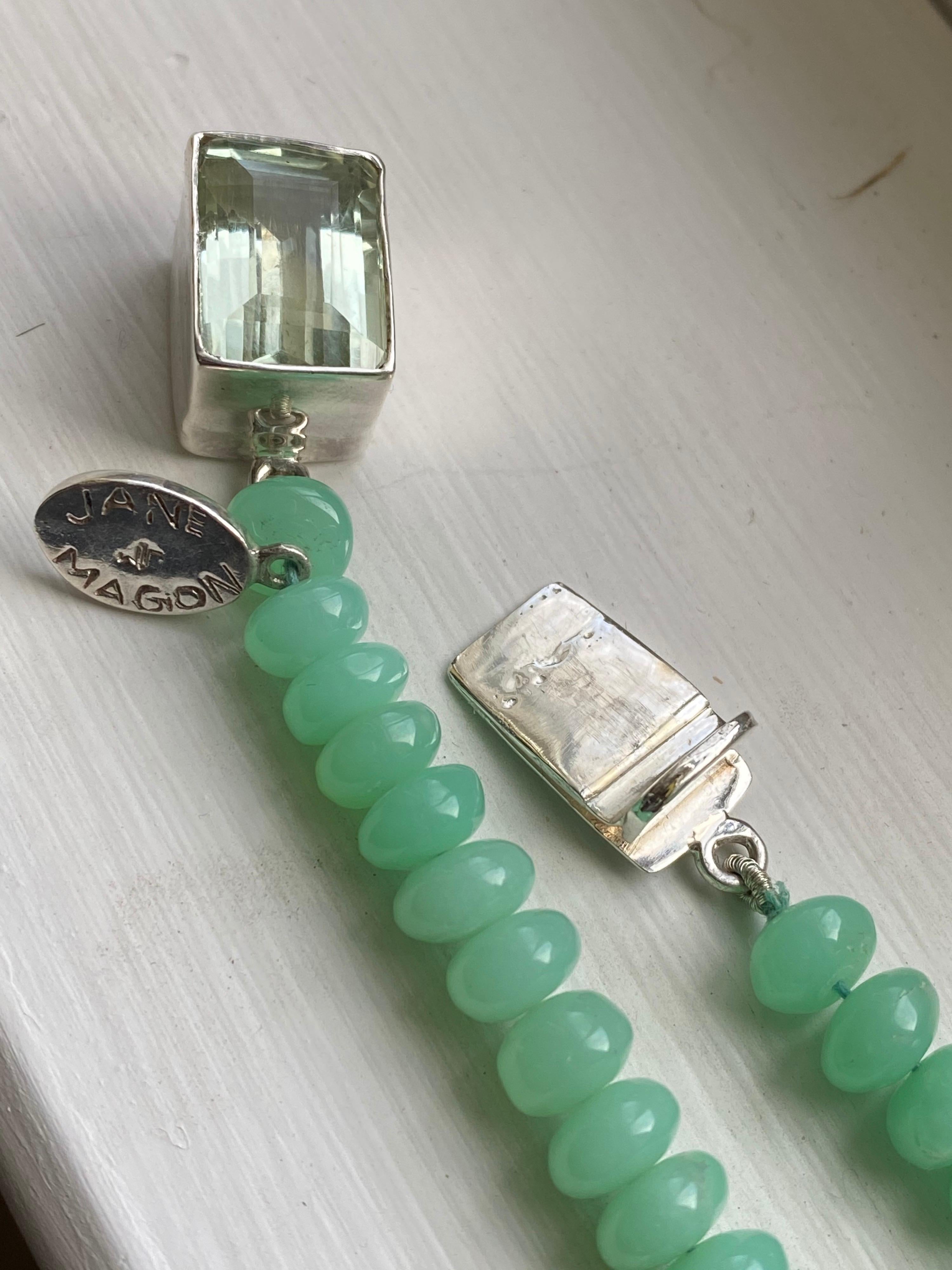 Bead Green Apple Chrysoprase Necklace with a Green Amethyst Sterling Silver Clasp For Sale