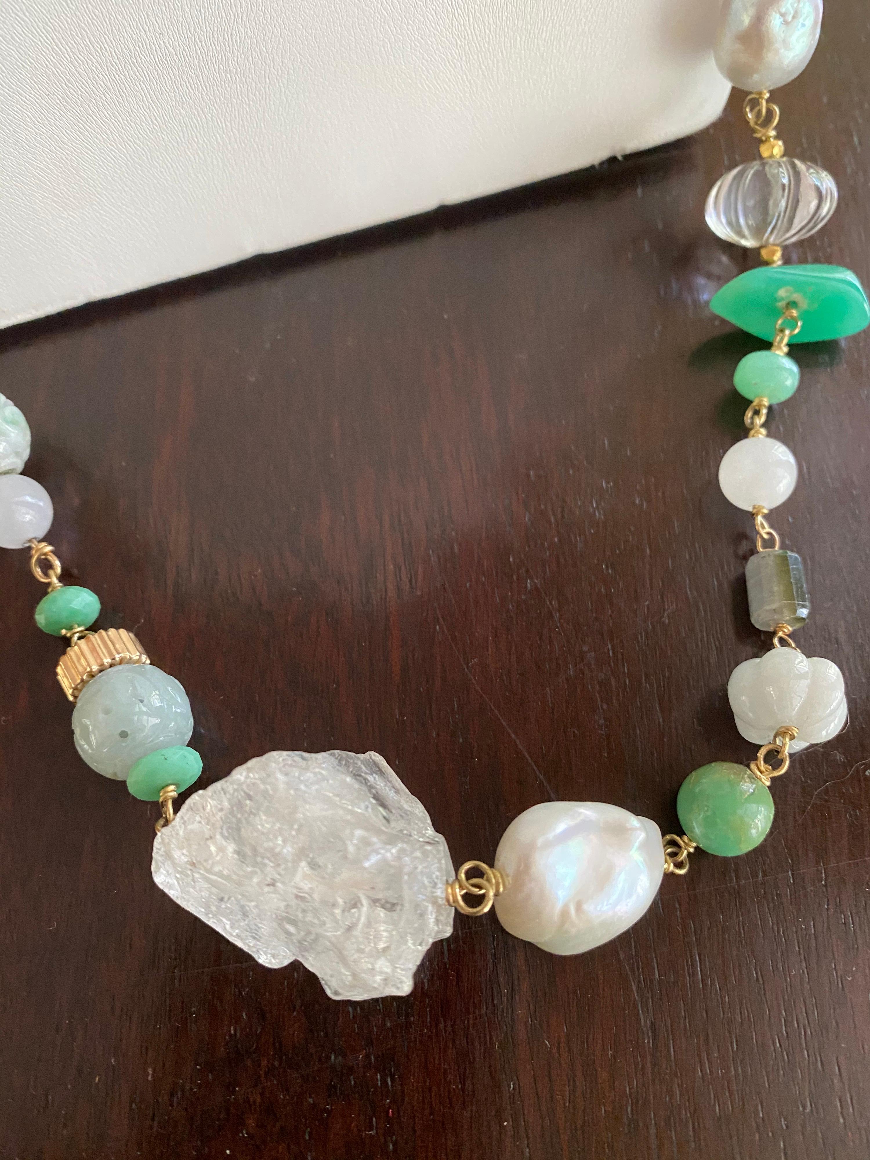 Jane Magon Collections Jadeite and South Sea Pearl 18KT Gold Statement Necklace In Excellent Condition For Sale In New York, NY