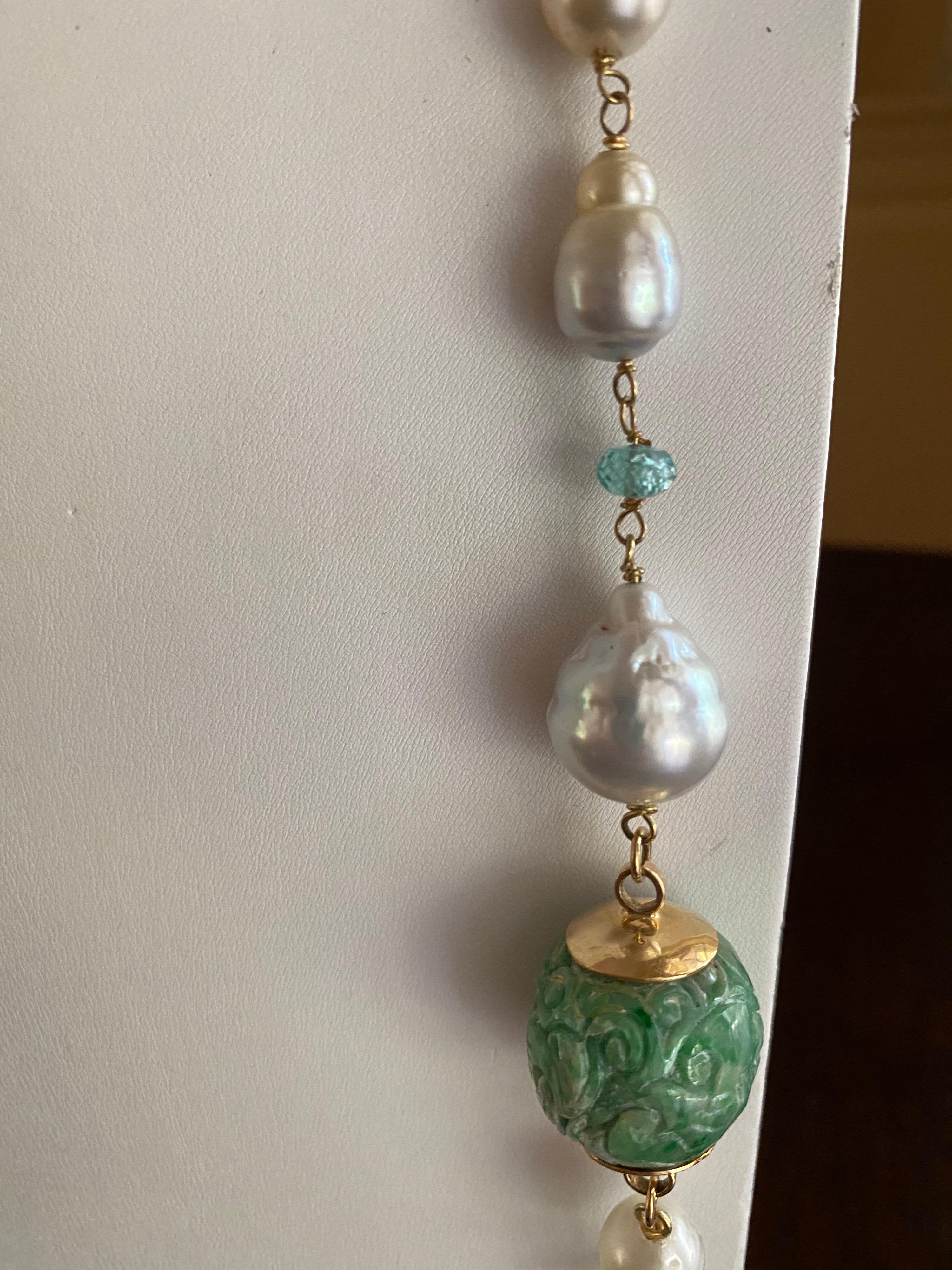 Women's or Men's Jane Magon Collections Jadeite and South Sea Pearl 18KT Gold Statement Necklace For Sale