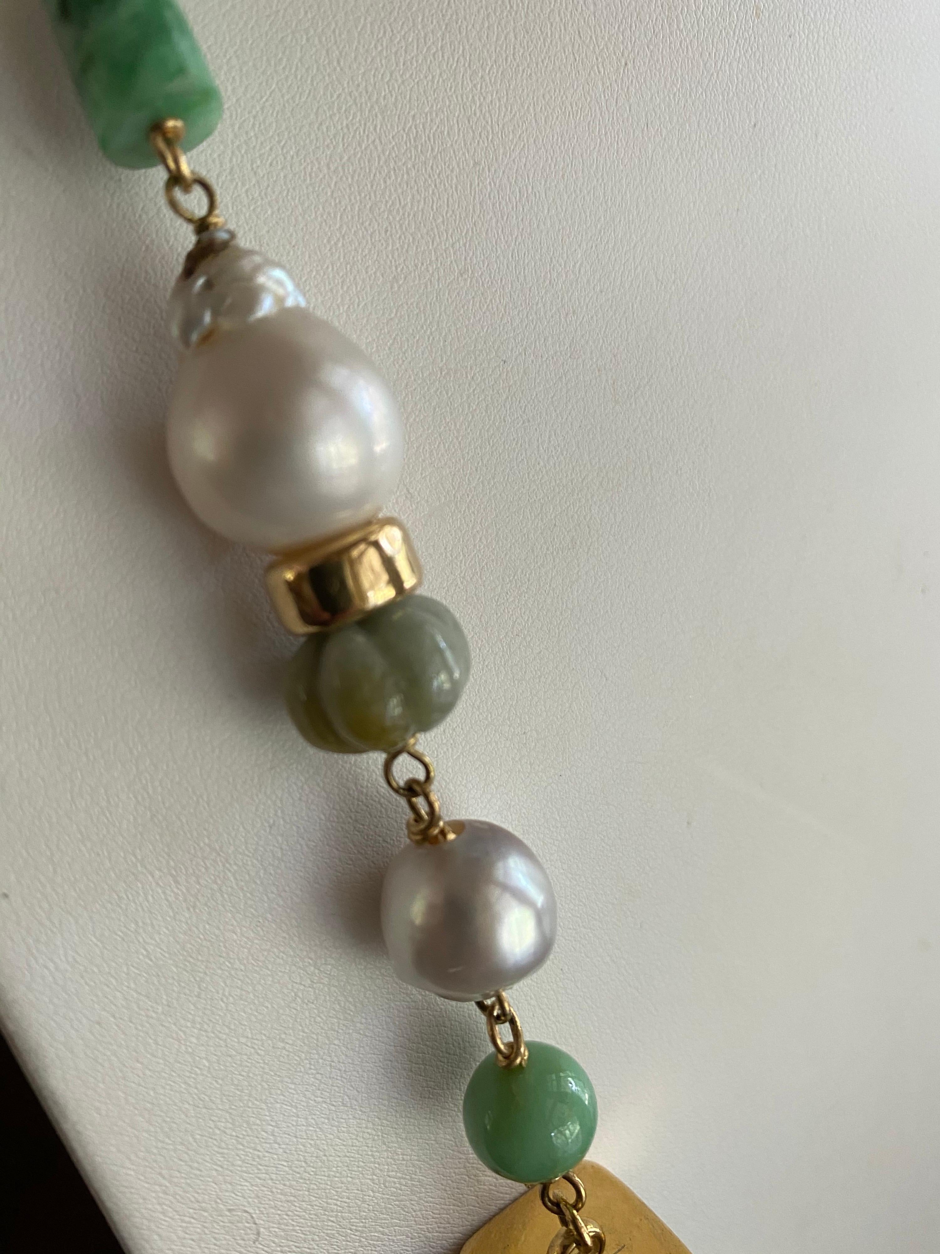 Jane Magon Collections Jadeite and South Sea Pearl 18KT Gold Statement Necklace For Sale 1