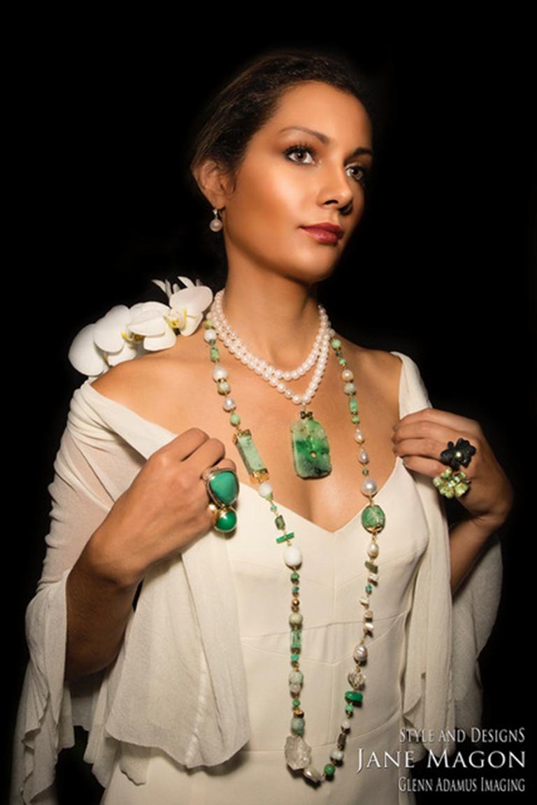Jane Magon Collections Jadeite and South Sea Pearl 18KT Gold Statement Necklace For Sale 2