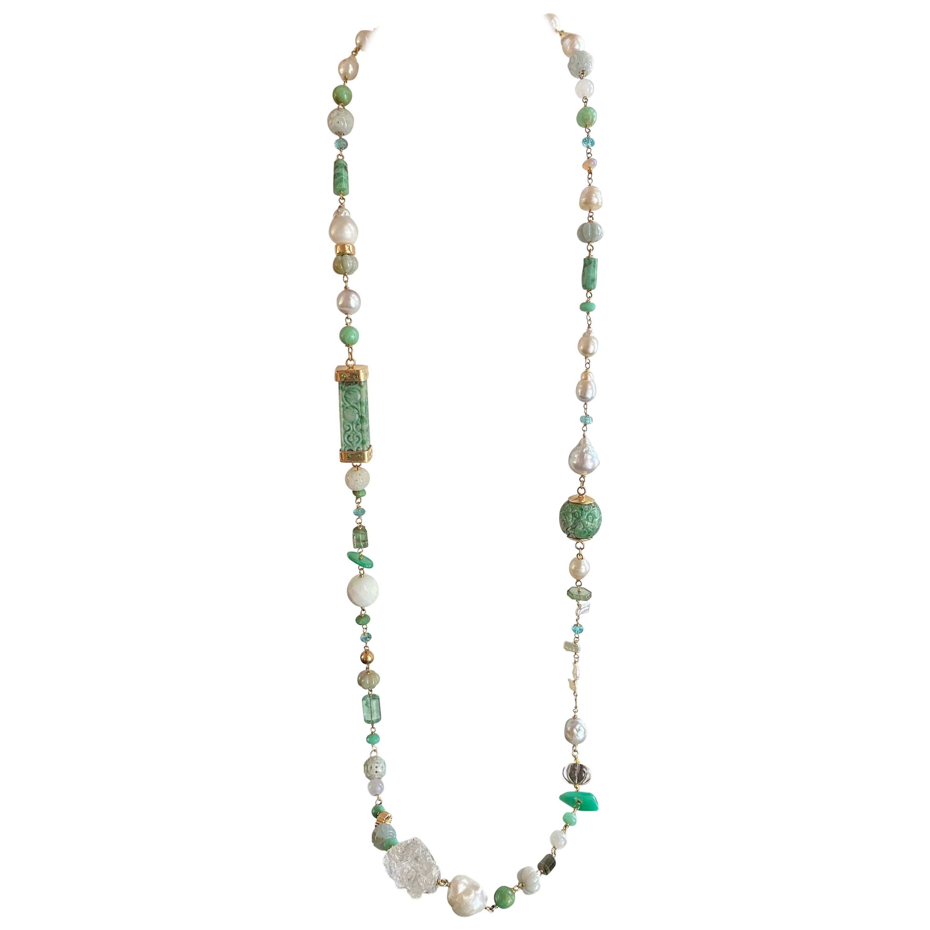 Jane Magon Collections Jadeite and South Sea Pearl 18KT Gold Statement Necklace For Sale
