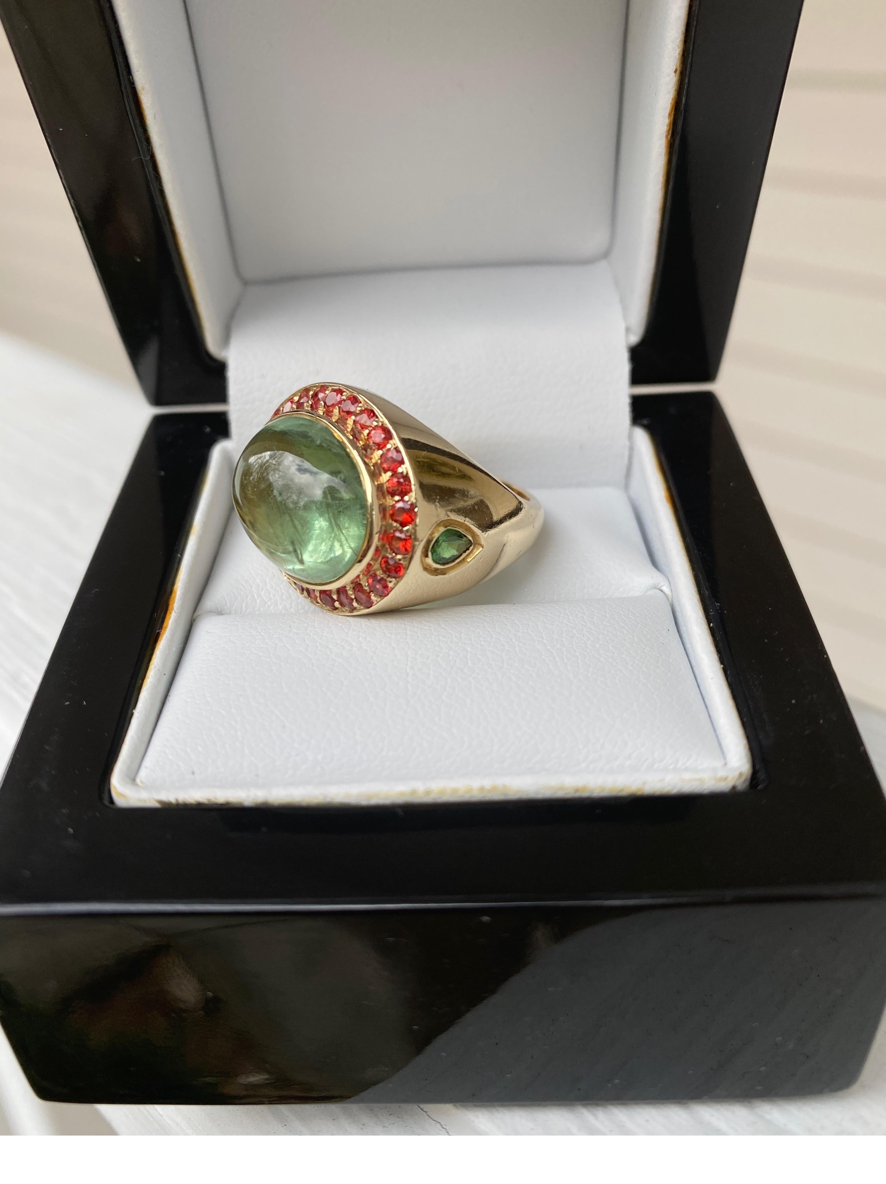 Round Cut Jane Magon Collections Green Beryl and Orange Sapphire 14 Karat Gold Ring  For Sale
