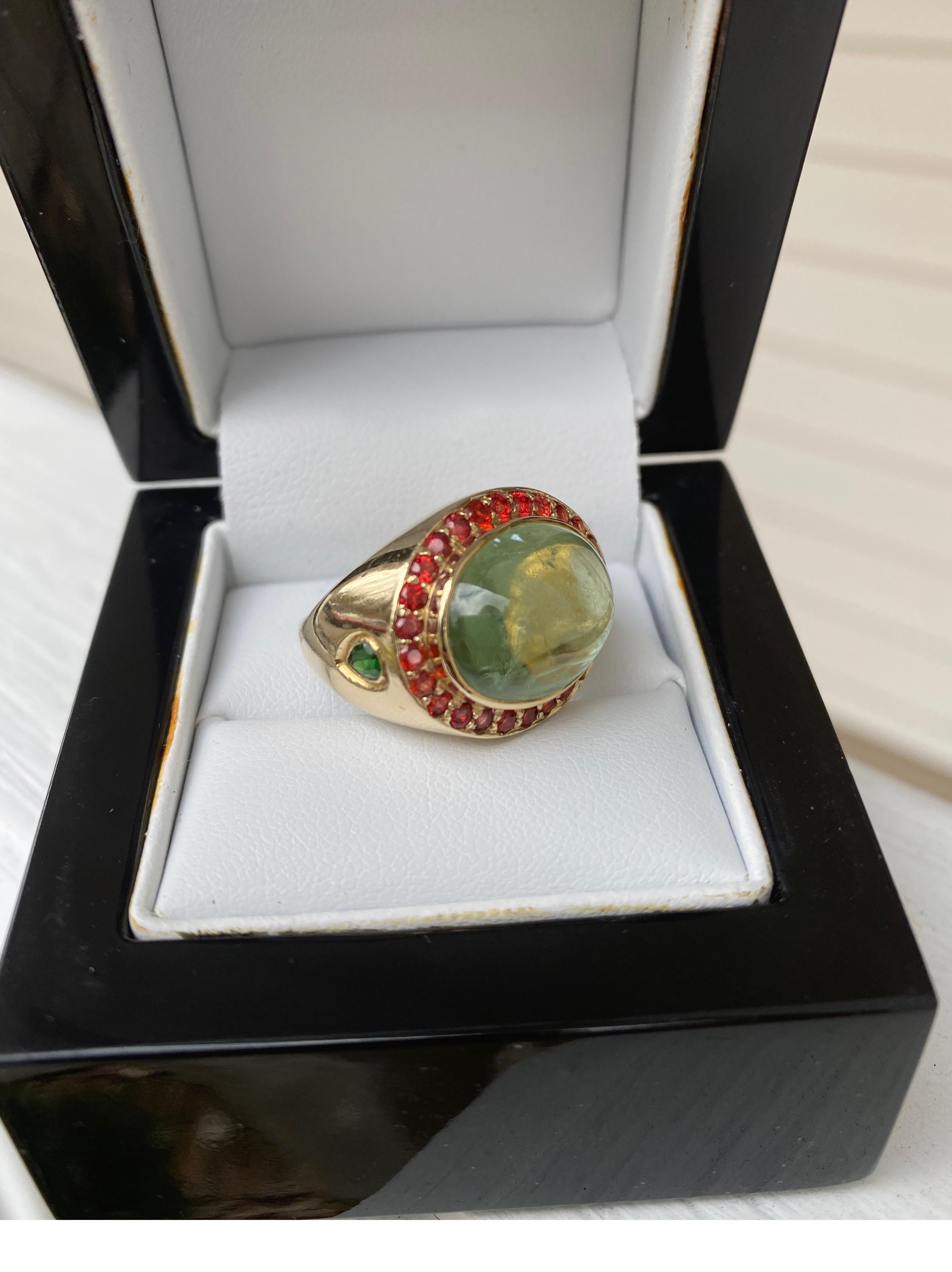 Jane Magon Collections Green Beryl and Orange Sapphire 14 Karat Gold Ring  In Excellent Condition For Sale In New York, NY