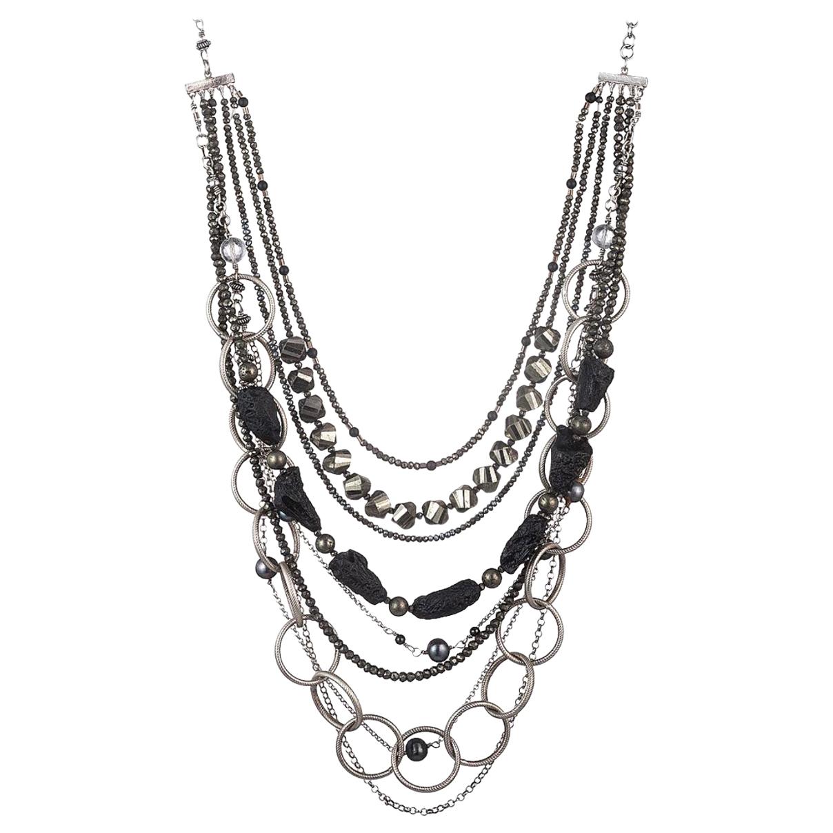 Multistrands of Meteorite, Pyrite, Black FWP Statement Necklace in Silver For Sale