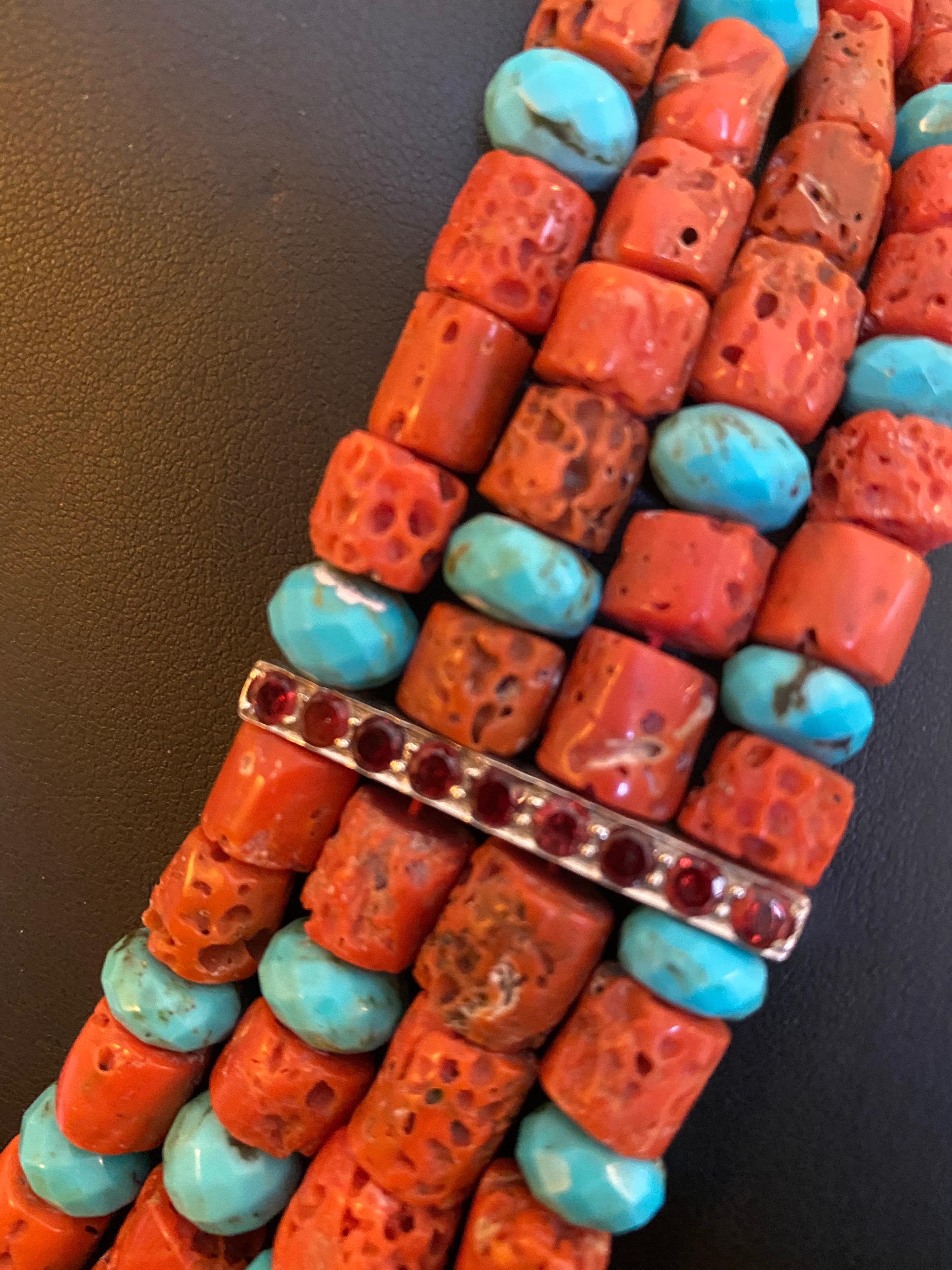 Jane Magon Collections Natural Coral and Turquoise Rivera Statement Necklace In Excellent Condition For Sale In New York, NY