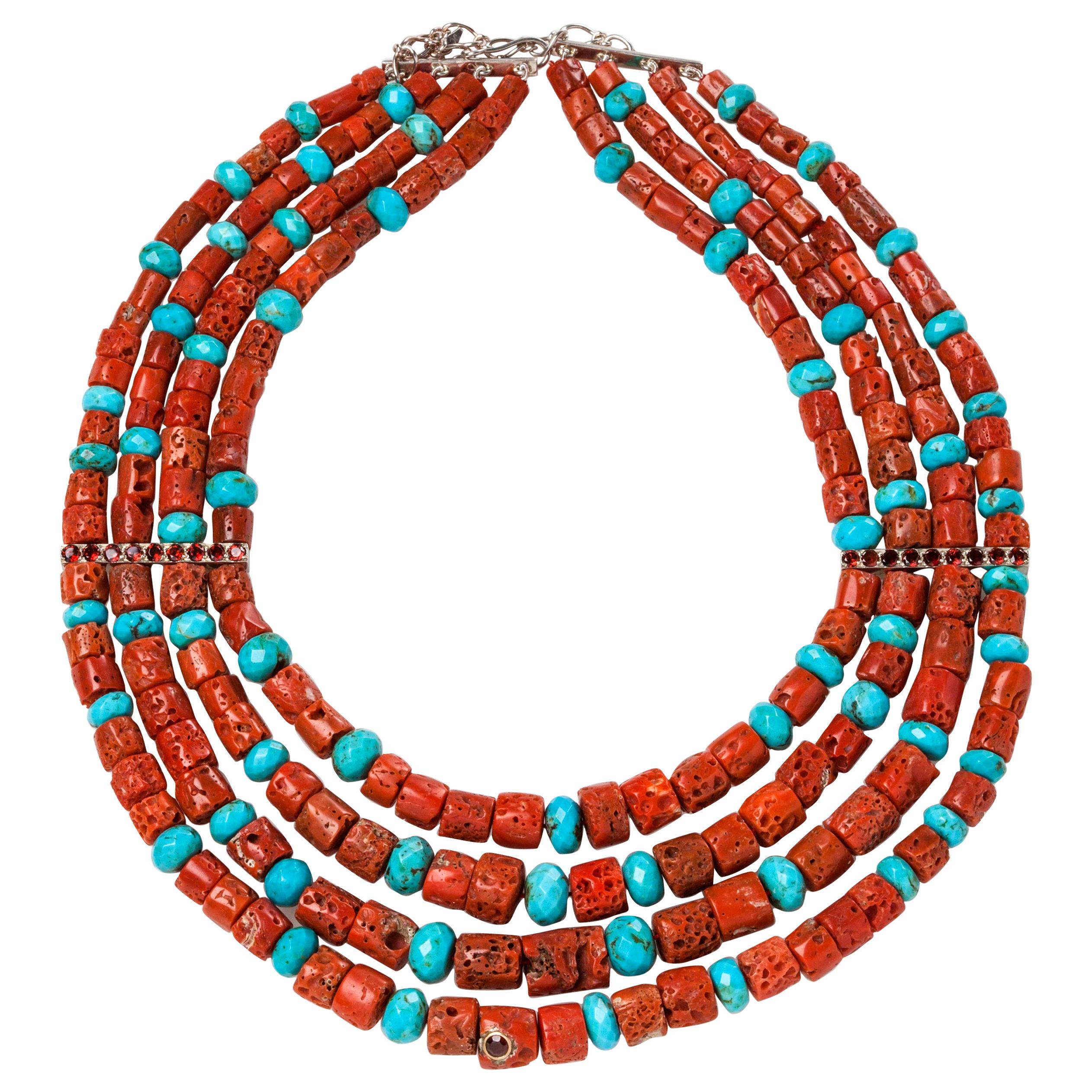 Jane Magon Collections Natural Coral and Turquoise Rivera Statement Necklace For Sale