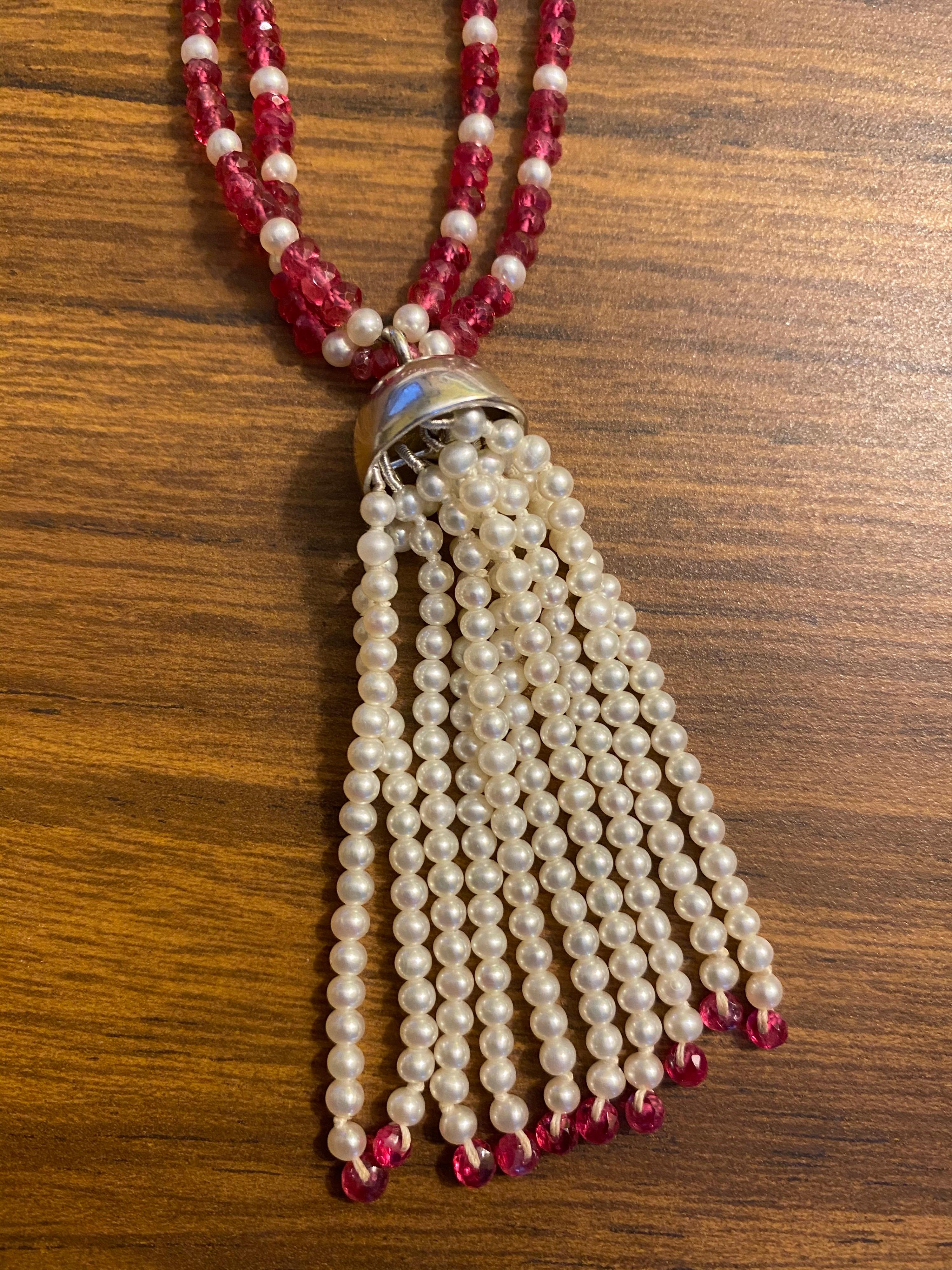 Contemporary Freshwater Cultured Pearl Tassel and Fine Red Spinel Necklace in Sterling Silver For Sale