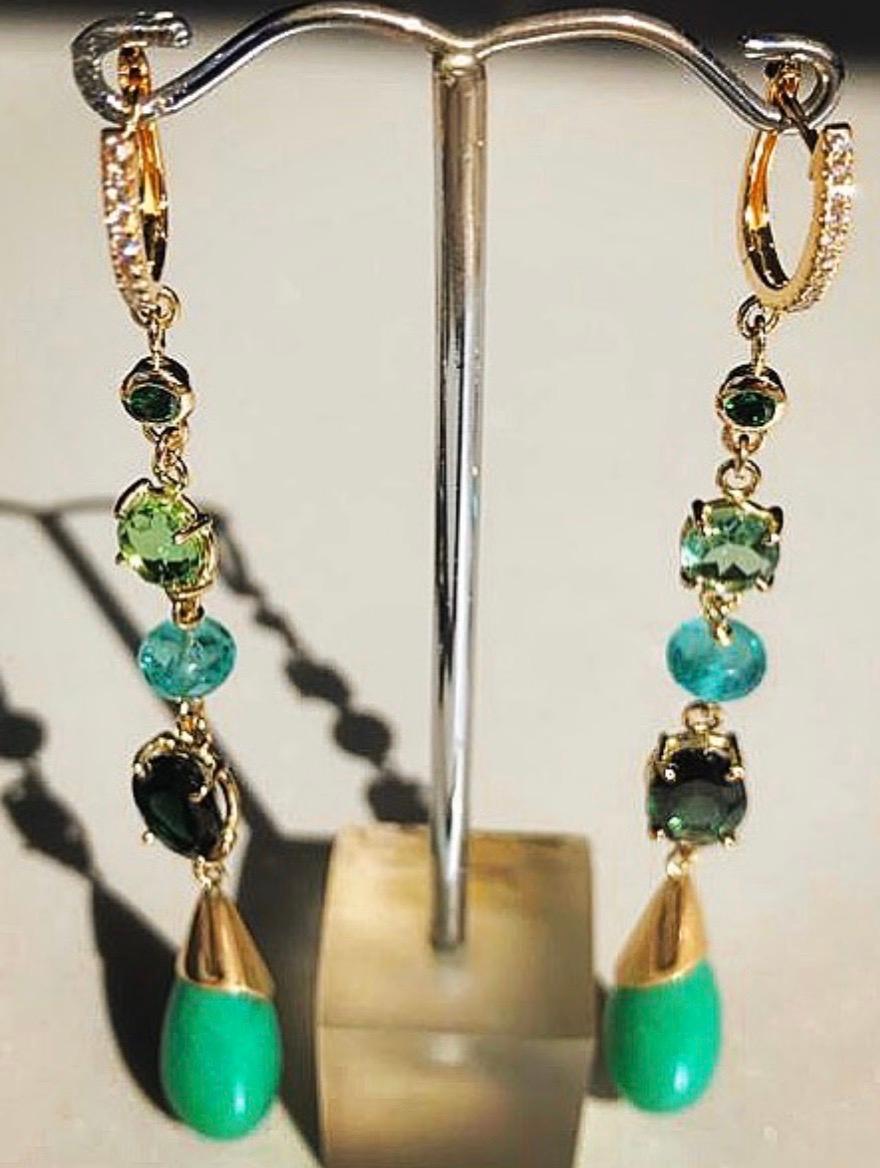 Contemporary Diamond and Precious Gemstone Drop Statement Earrings in 18 Karat Gold For Sale