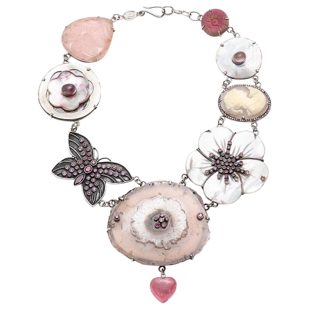 Jane Magon Collections "Romance in the Garden" Gemstone Silver Necklace For Sale