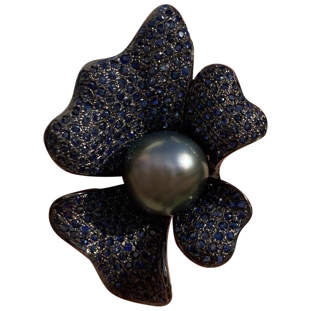 Tahitian Pearl with Blue Sapphires Statement Ring in Oxidized Sterling Silver For Sale