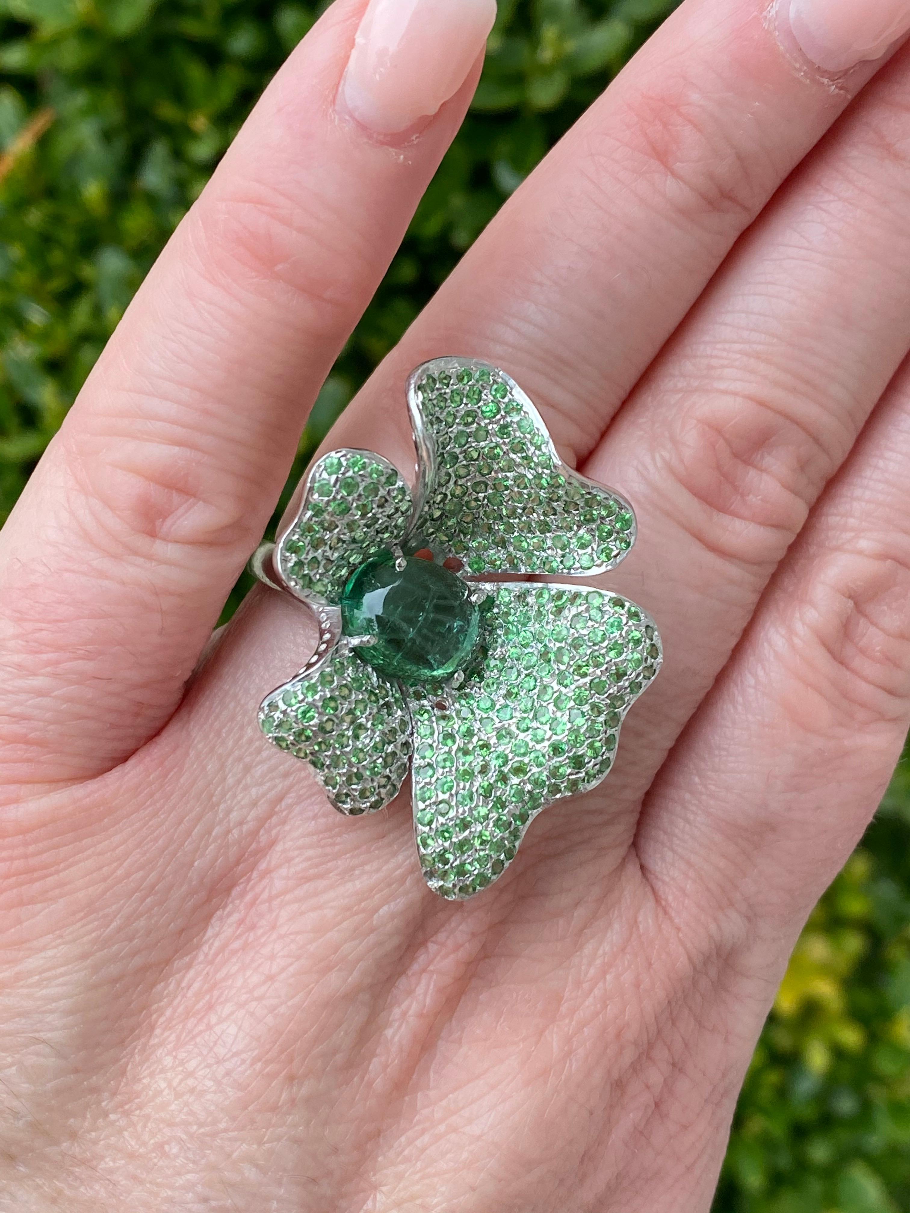 Large Tourmaline and Tsavorite Flower Silver Statement Ring For Sale 2