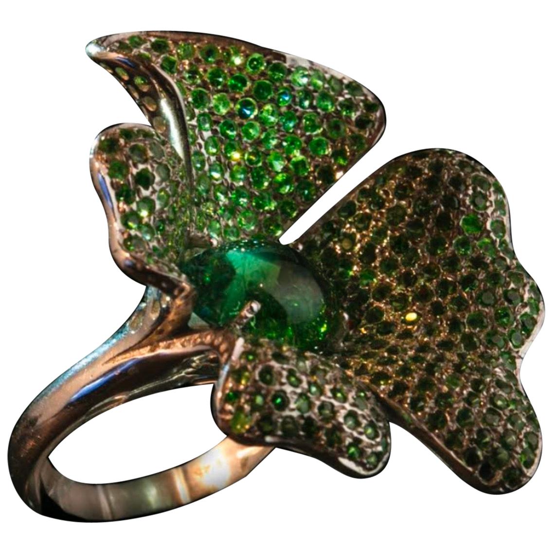 Large Tourmaline and Tsavorite Flower Silver Statement Ring For Sale