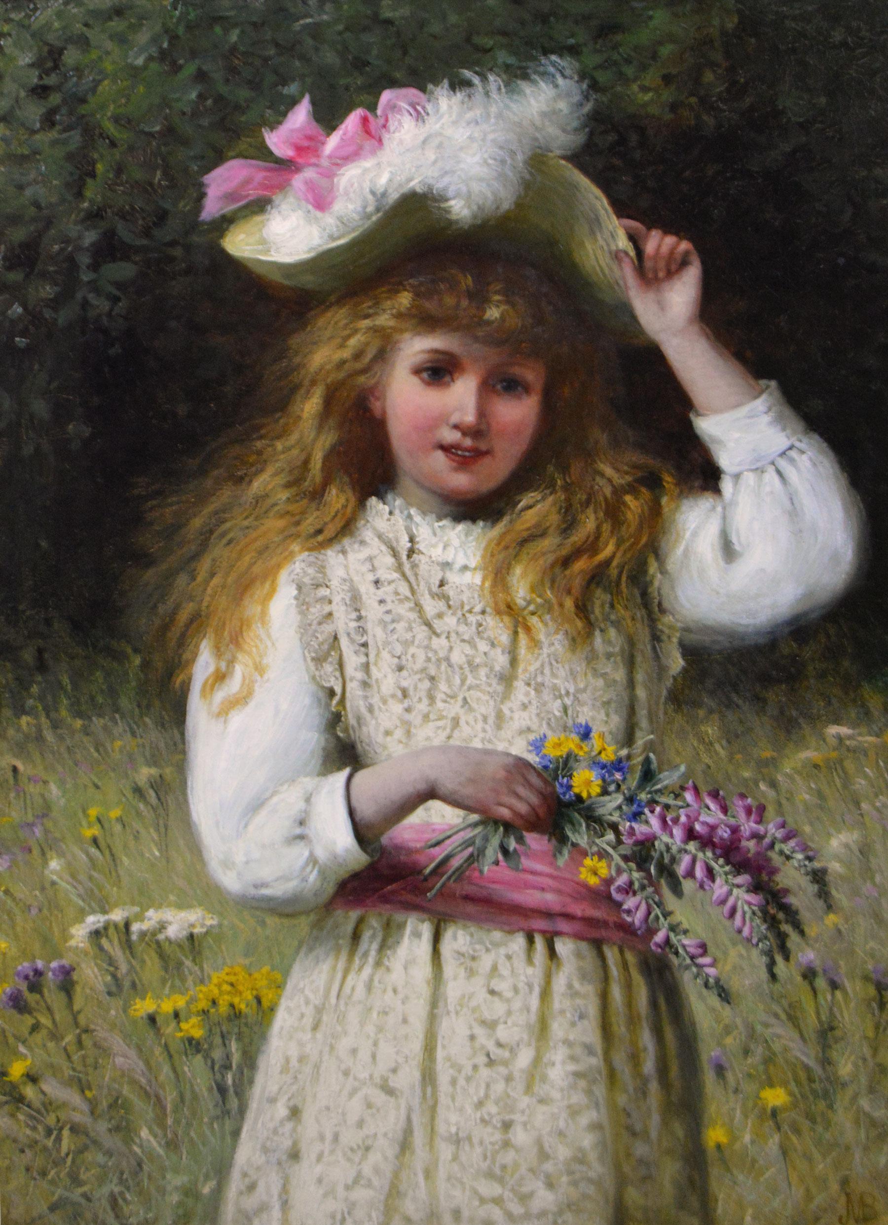 19th Century genre oil painting of a girl with flowers - Painting by Jane Maria Bowkett