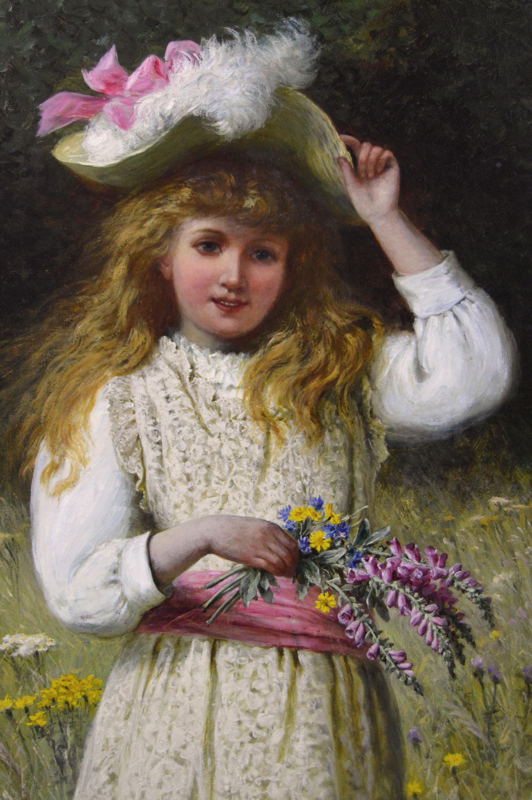 19th Century genre oil painting of a girl with flowers - Victorian Painting by Jane Maria Bowkett