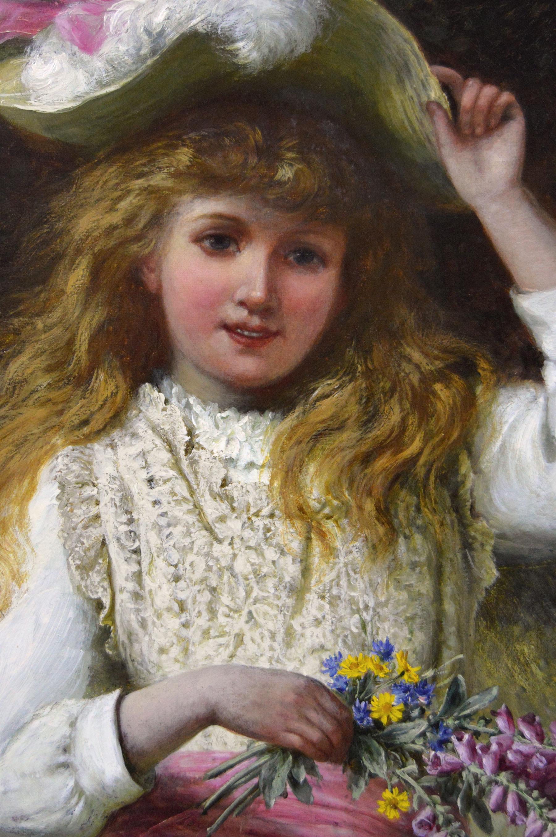 19th Century genre oil painting of a girl with flowers - Brown Figurative Painting by Jane Maria Bowkett