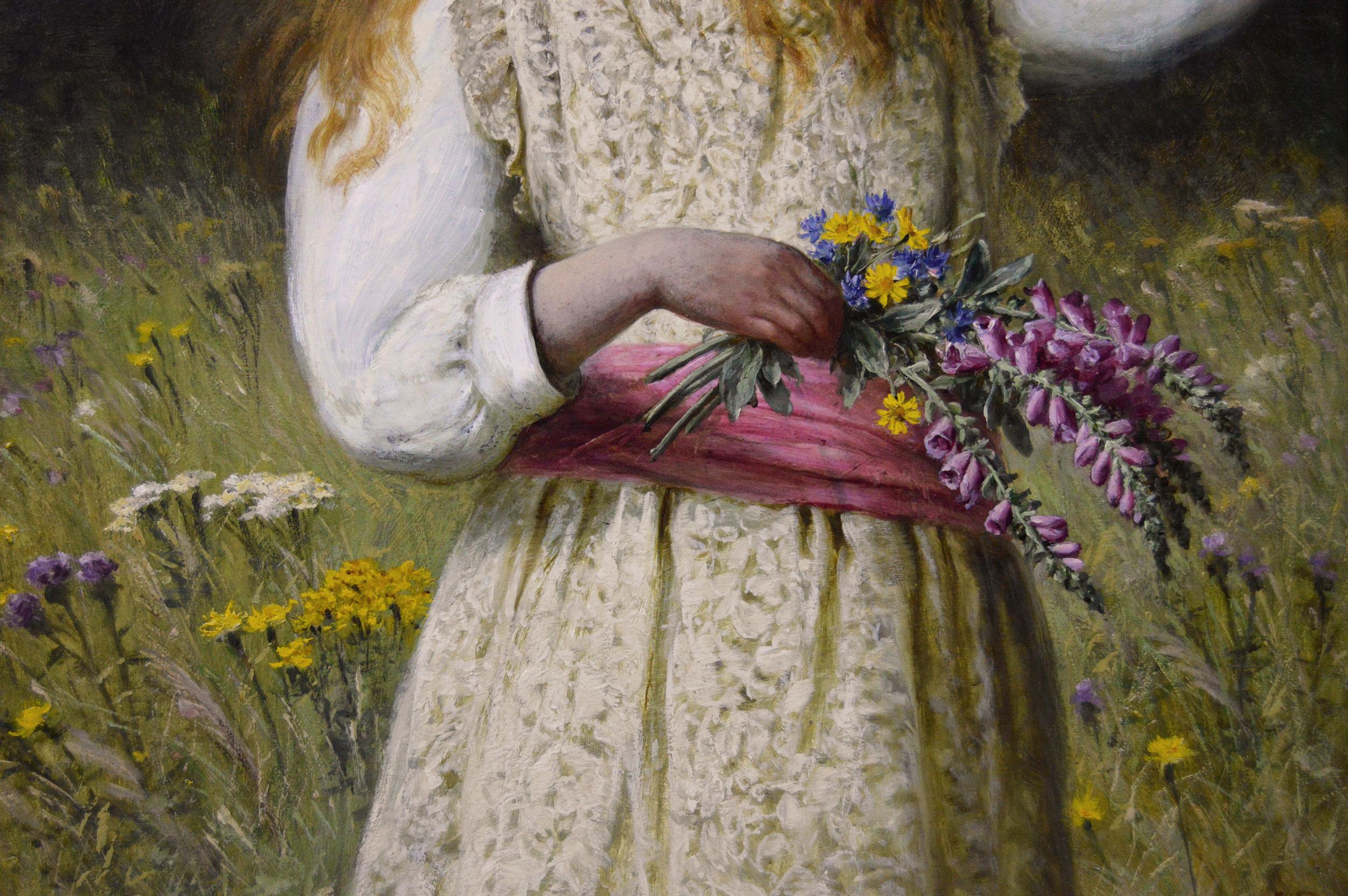 Jane Maria Bowkett
British, (1837-1891)
Collecting Flowers
Oil on canvas, signed with monogram
Image size: 23.5 inches x 17.75 inches 
Size including frame: 29.25 inches x 23.5 inches

A highly appealing genre painting of a young girl holding