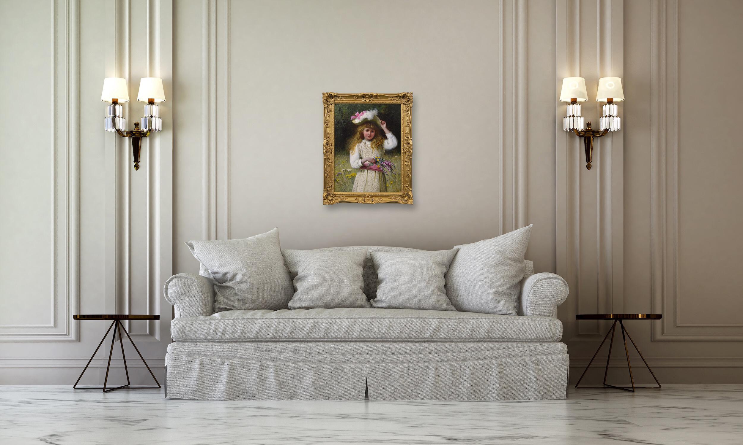 19th Century genre oil painting of a girl with flowers For Sale 3