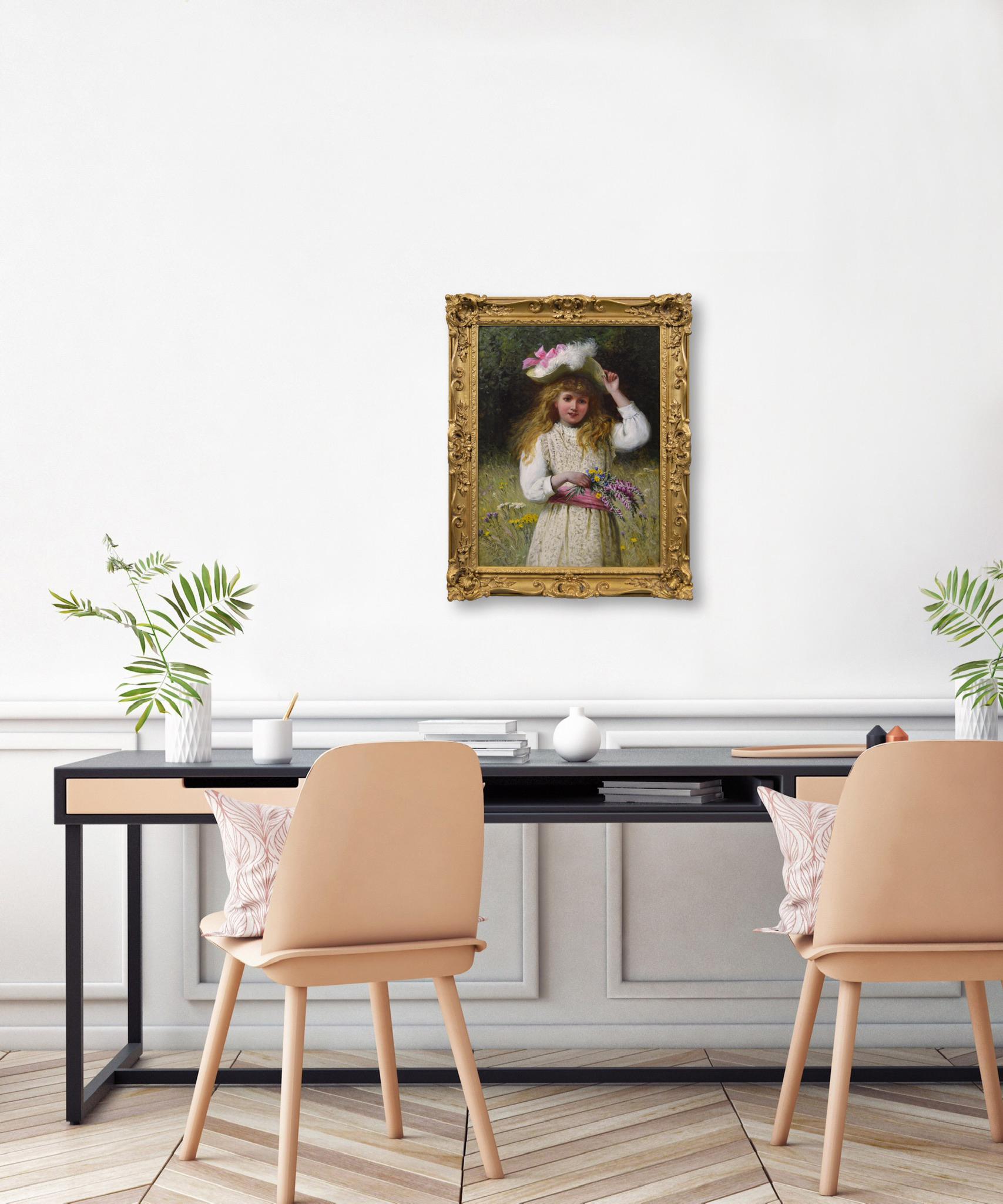 19th Century genre oil painting of a girl with flowers For Sale 4