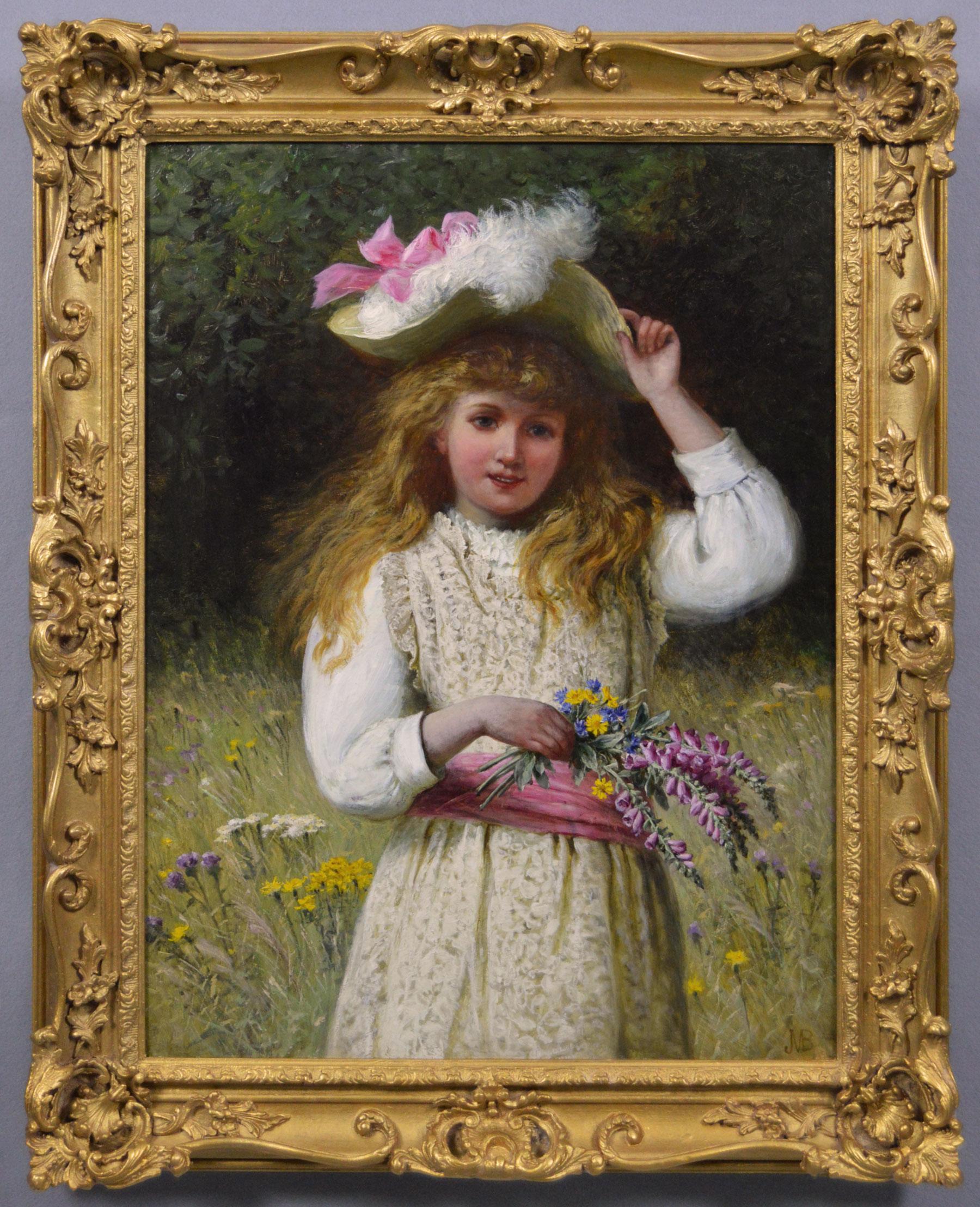 Jane Maria Bowkett Figurative Painting - 19th Century genre oil painting of a girl with flowers
