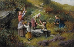 19th Century genre oil painting of a woman & children gathering berries