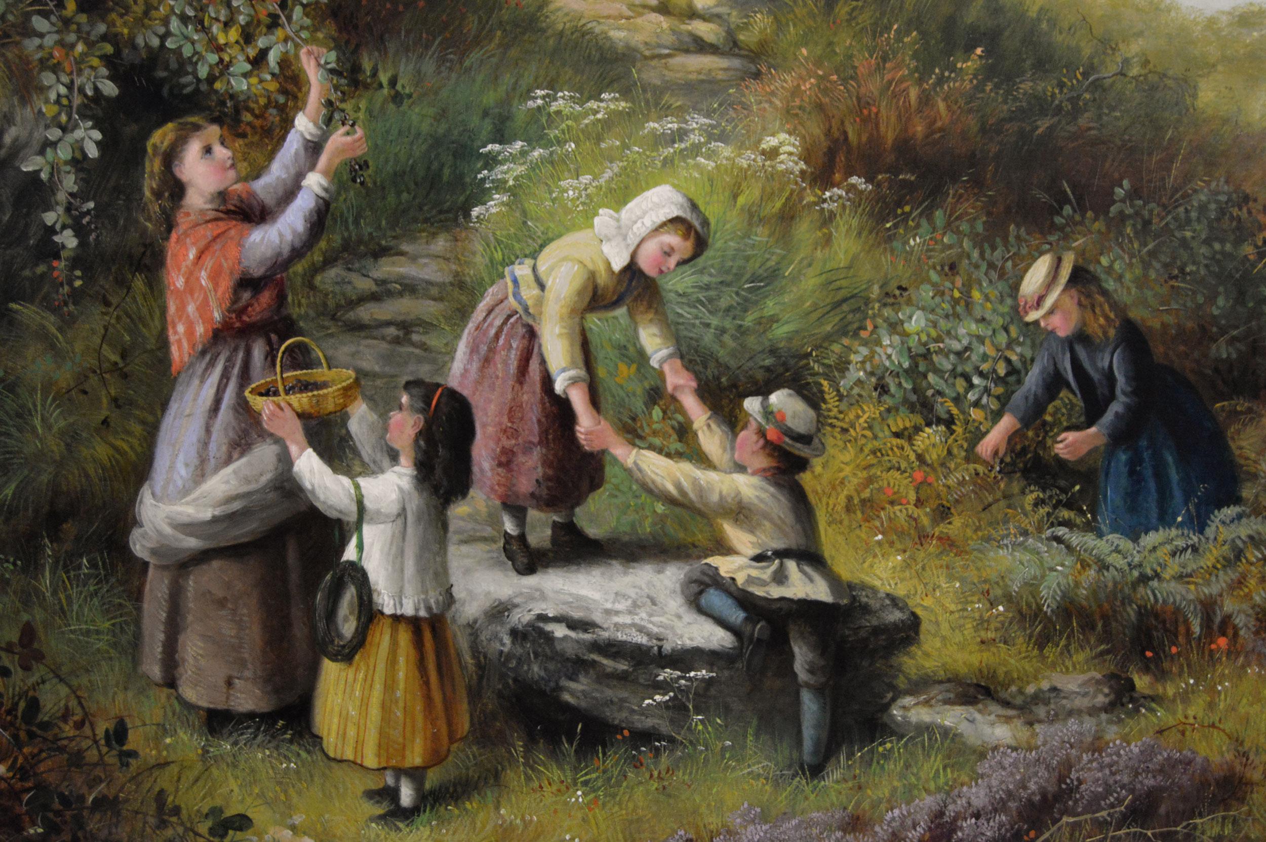 Peinture à l'huile de genre du 19e siècle représentant une femme et des enfants cueillant des baies - Victorien Painting par Jane Maria Bowkett