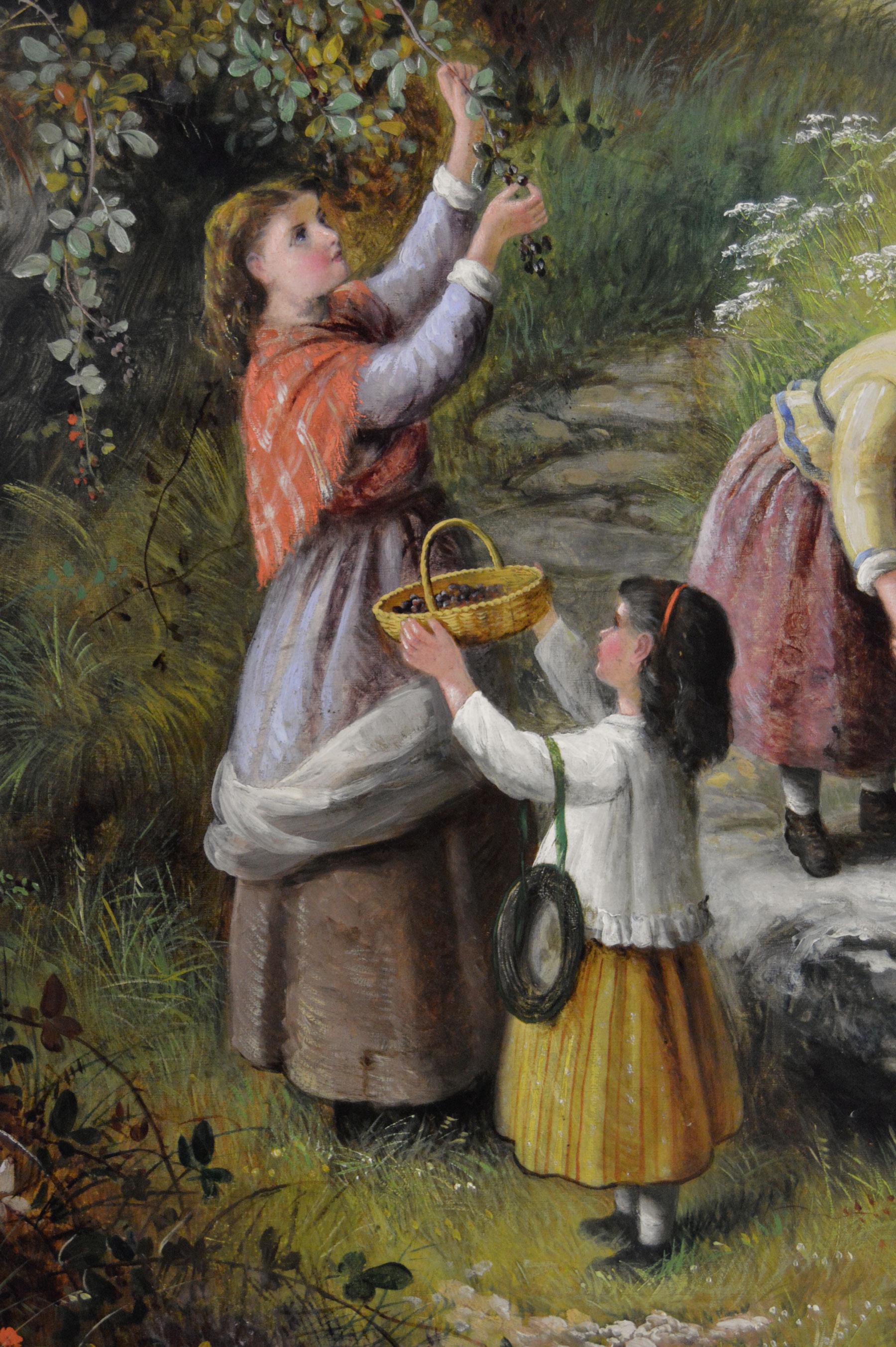 Peinture à l'huile de genre du 19e siècle représentant une femme et des enfants cueillant des baies - Marron Figurative Painting par Jane Maria Bowkett