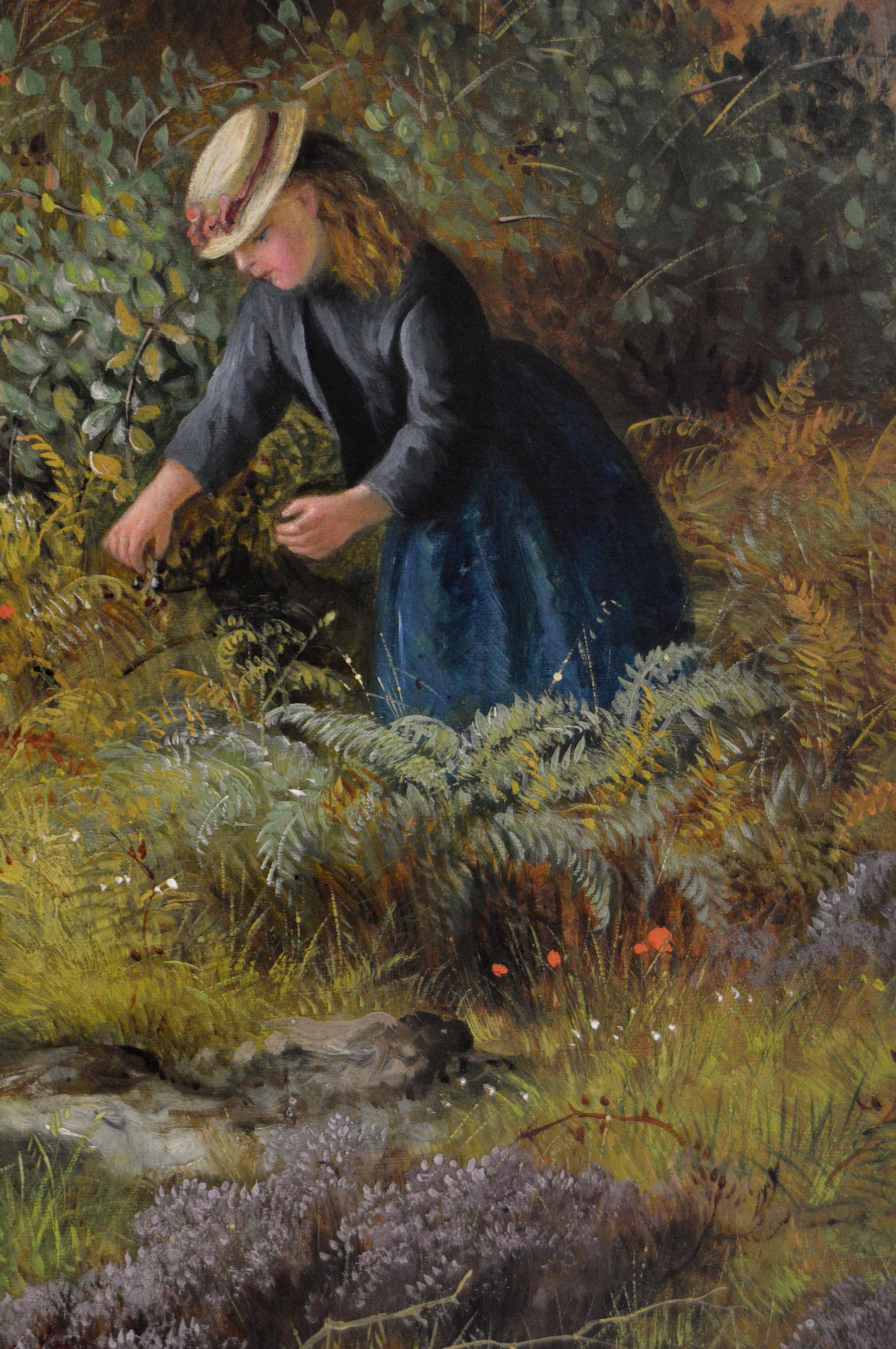 Peinture à l'huile de genre du 19e siècle représentant une femme et des enfants cueillant des baies en vente 1