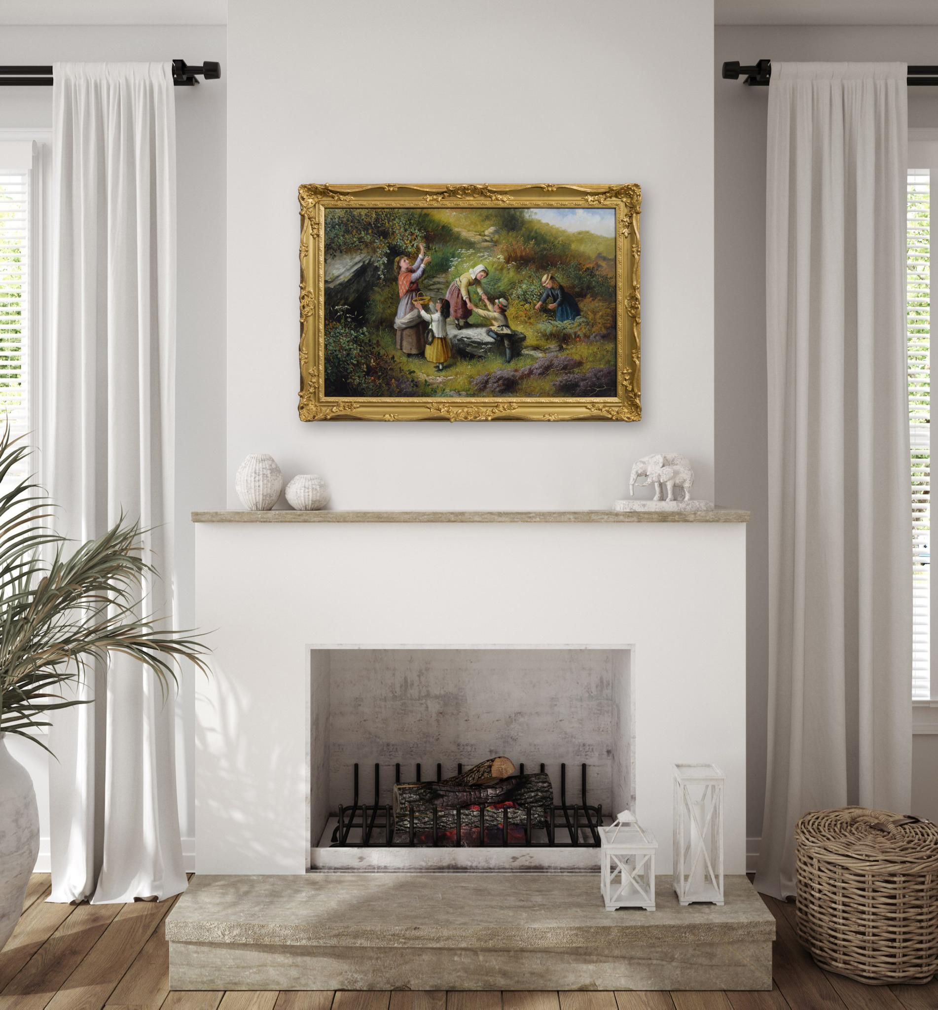 Peinture à l'huile de genre du 19e siècle représentant une femme et des enfants cueillant des baies en vente 3