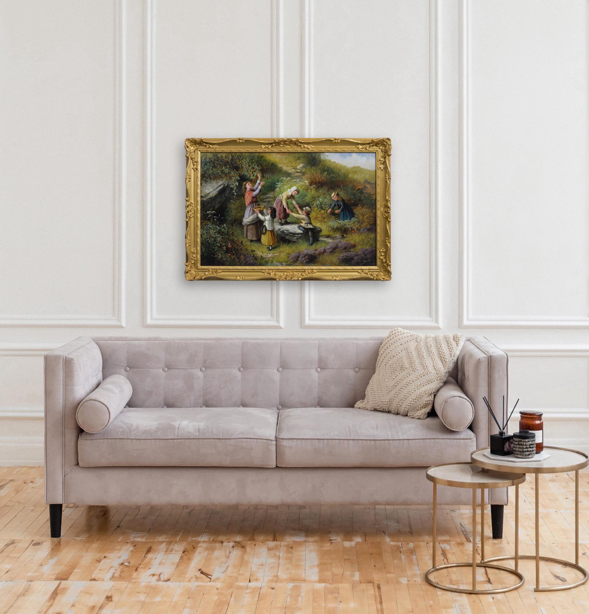Peinture à l'huile de genre du 19e siècle représentant une femme et des enfants cueillant des baies en vente 4
