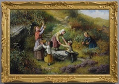 19th Century genre oil painting of a woman & children gathering berries