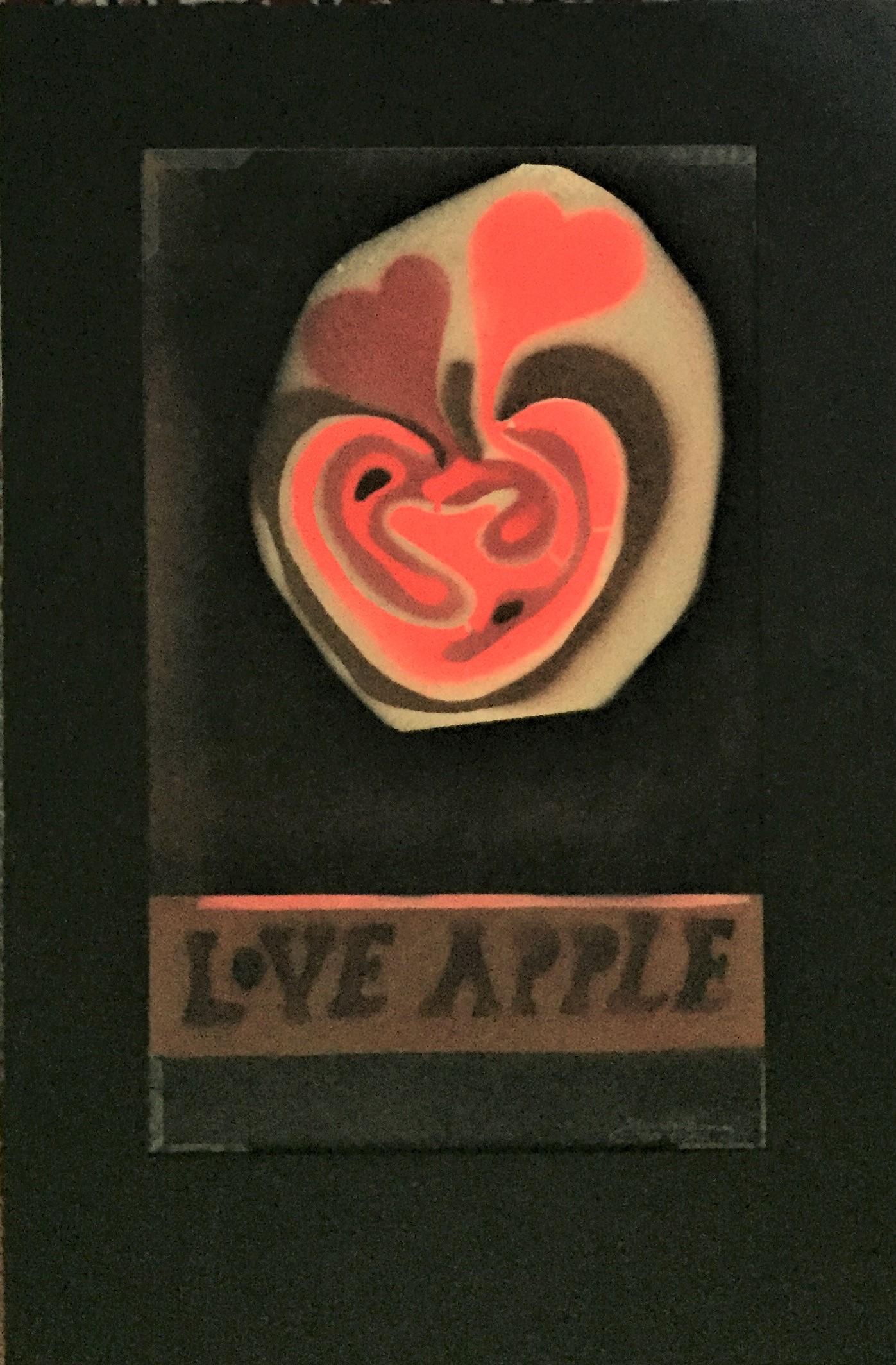 Love Apple (Black background). 1967. Linoleum cut printed in brown, red, orange, black and tan. 19 1/2 x 12 1/2 (sheet 22 1/2 x 14 3/16). A vivid impression printed on wove paper paper. Signed, dated and annotated in pencil.
Housed in a 30 x 20-inch