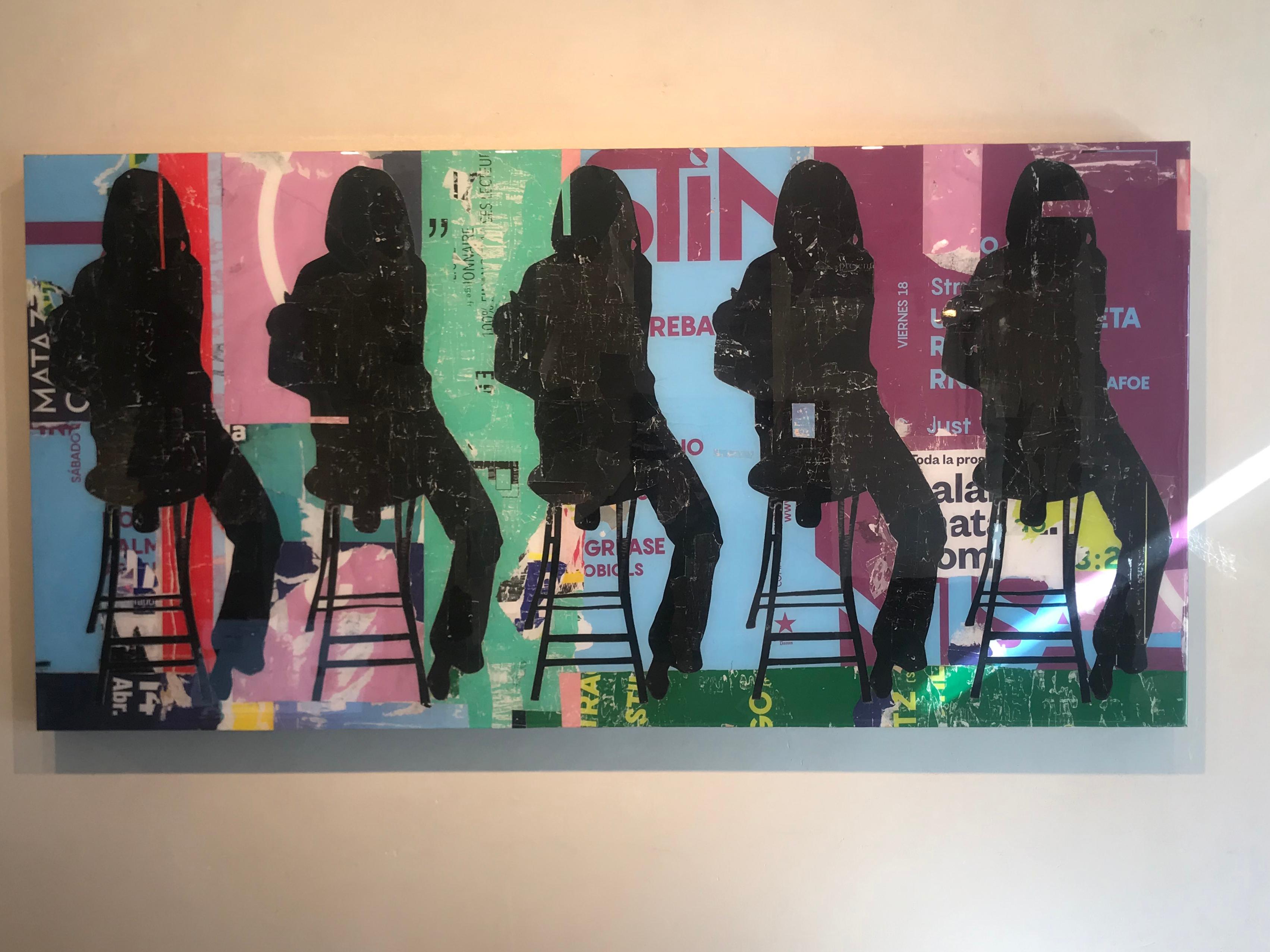 Known for her mixed media inspired by fashion Jane Maxwell combines billboardesque backgrounds with seated women on a stool.
Jane Maxwell is a mixed media collage artist exploring America's cultural preoccupation with beauty and body image. Trim,