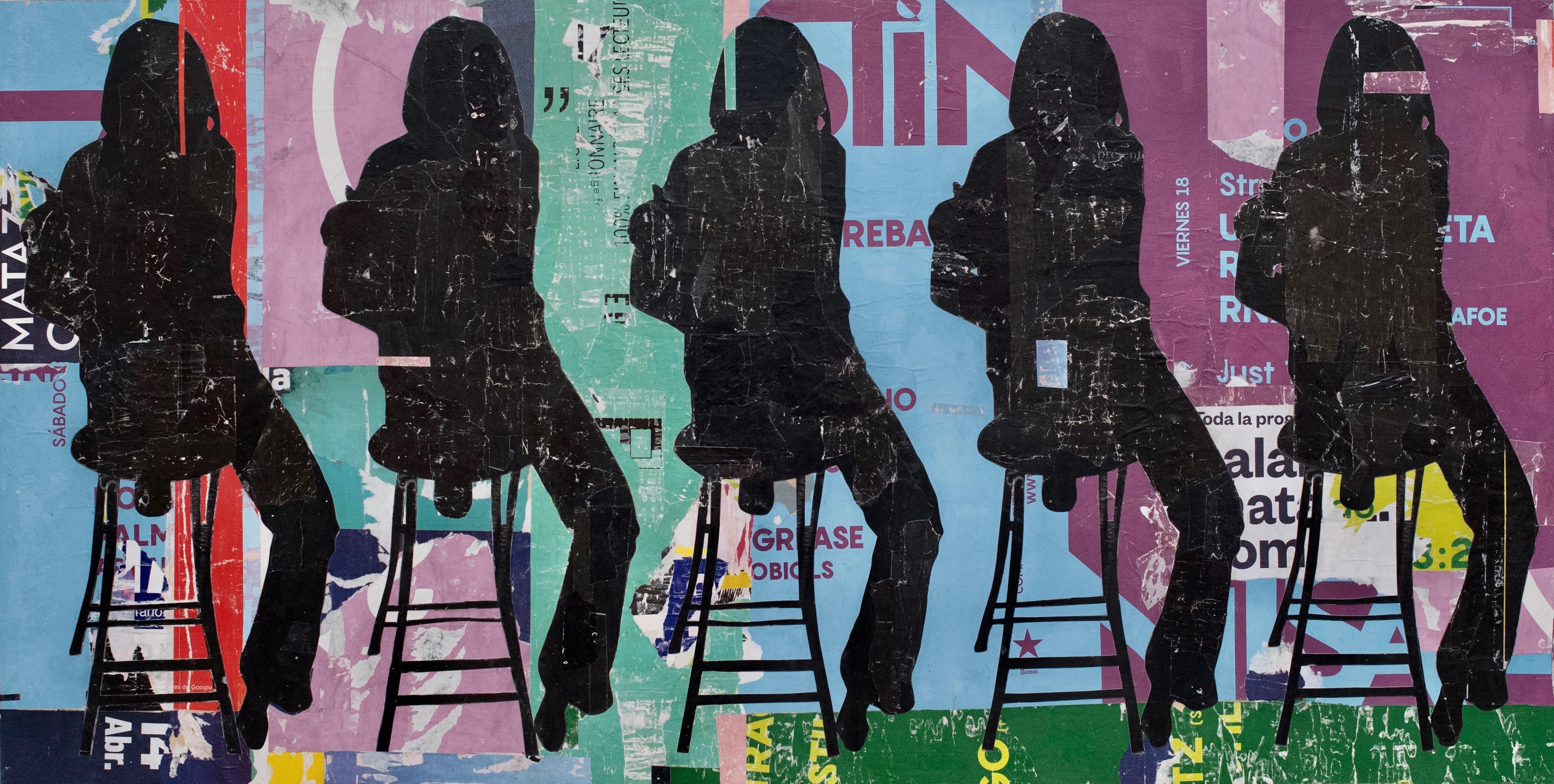 Girls on a Stool- neo -pop collage of black silhouetted seated figures  - Mixed Media Art by Jane Maxwell