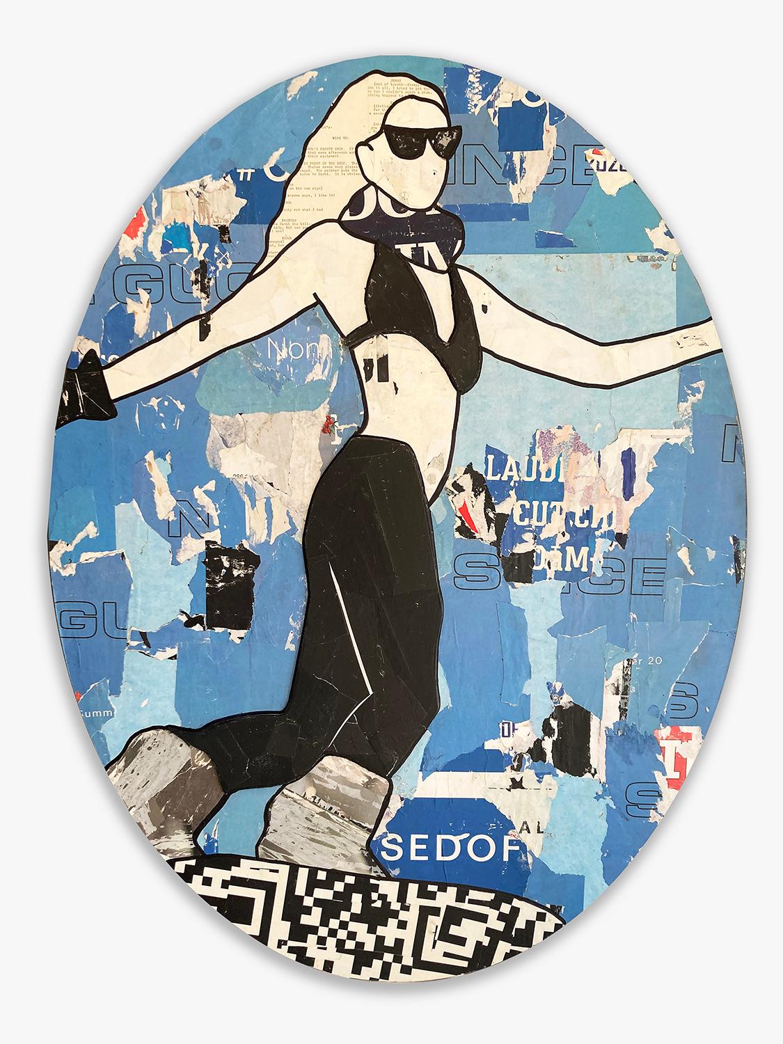 Oval Sexy Snowboarder_2021_Jane Maxwell, Female Figurative Collage, Mixed Media