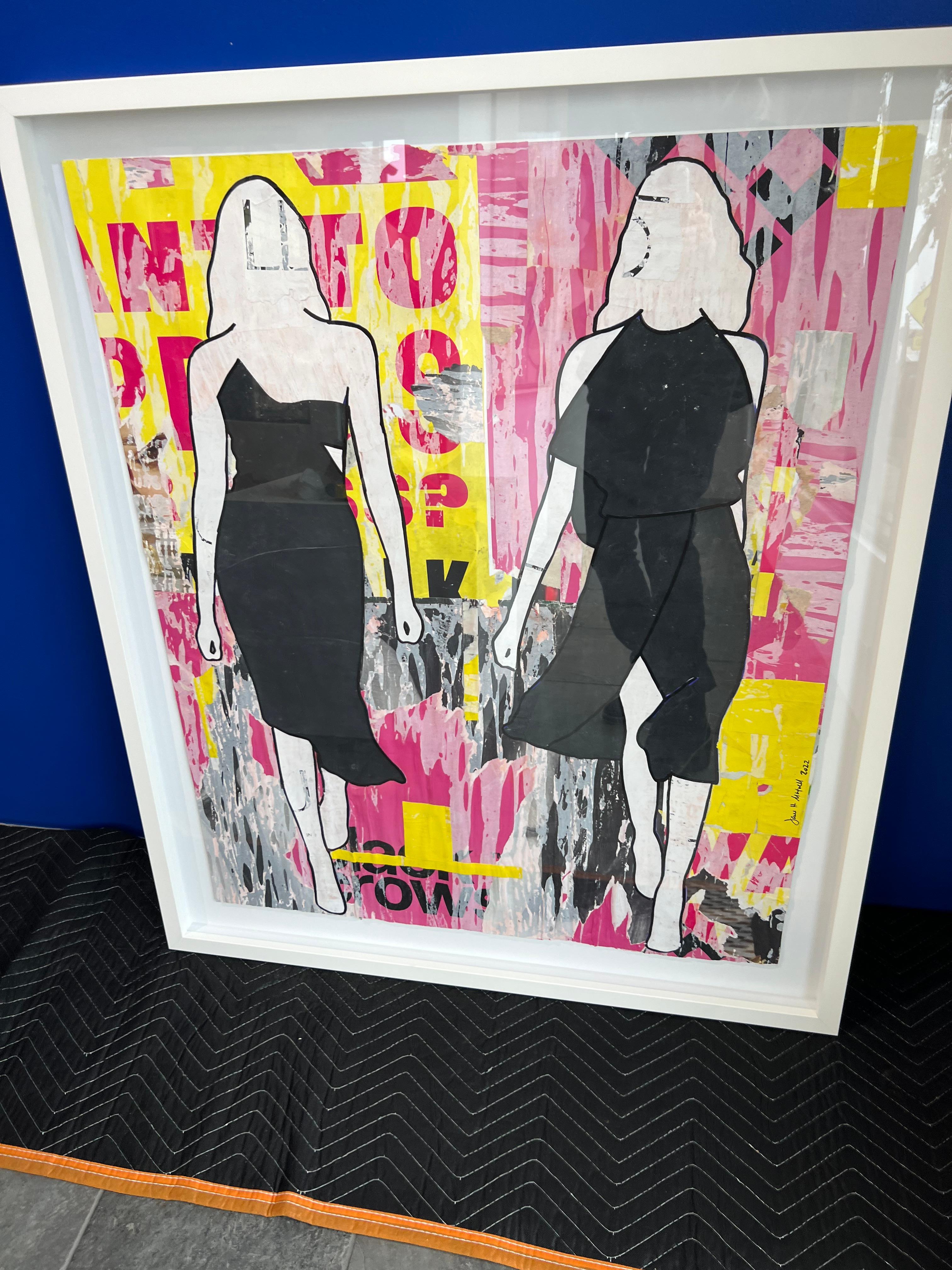 Pink & Yellow Walking Girls_Jane Maxwell, Female Figurative Collage, Mixed Media For Sale 3