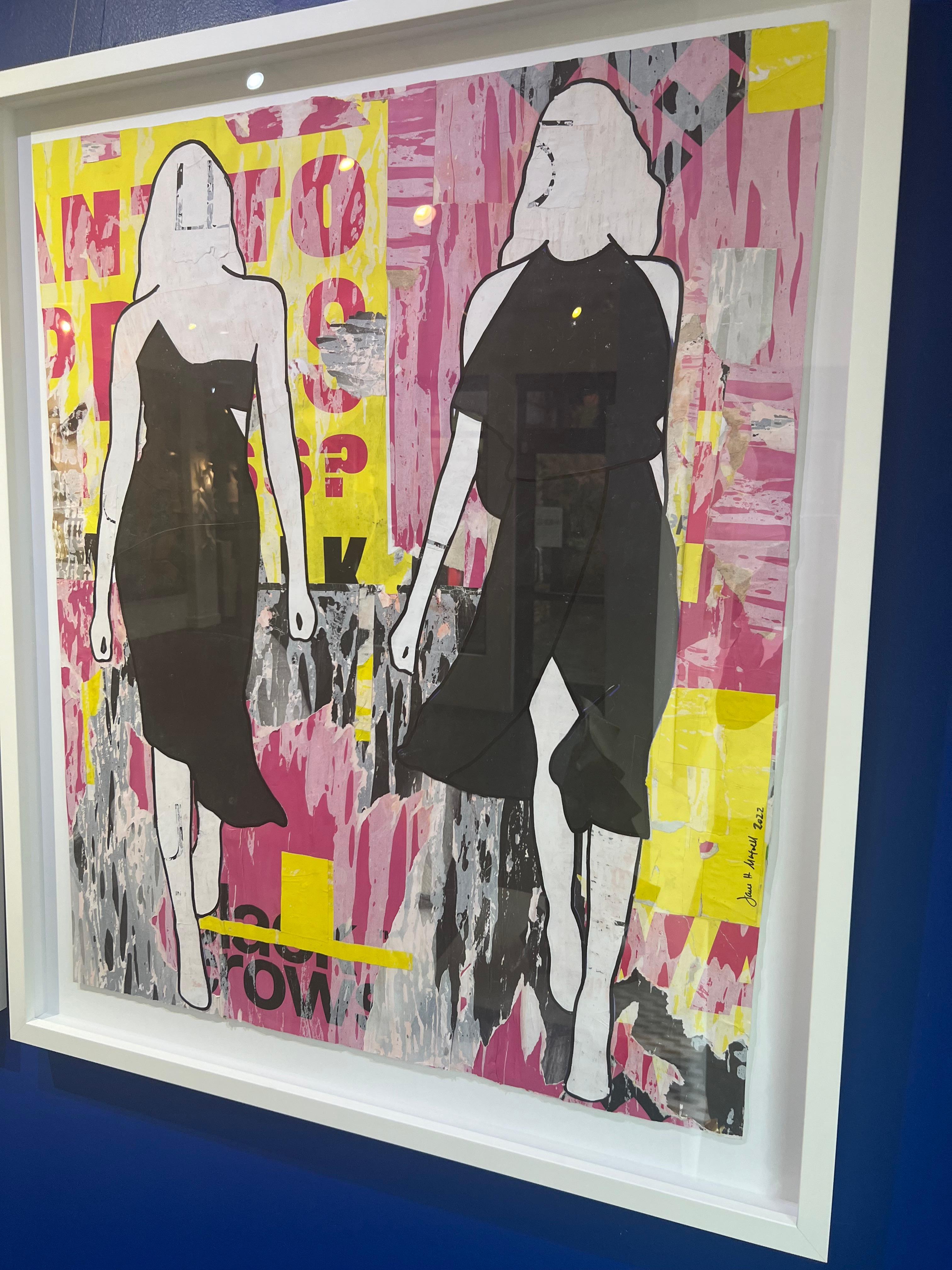 Pink & Yellow Walking Girls_Jane Maxwell, Female Figurative Collage, Mixed Media For Sale 2